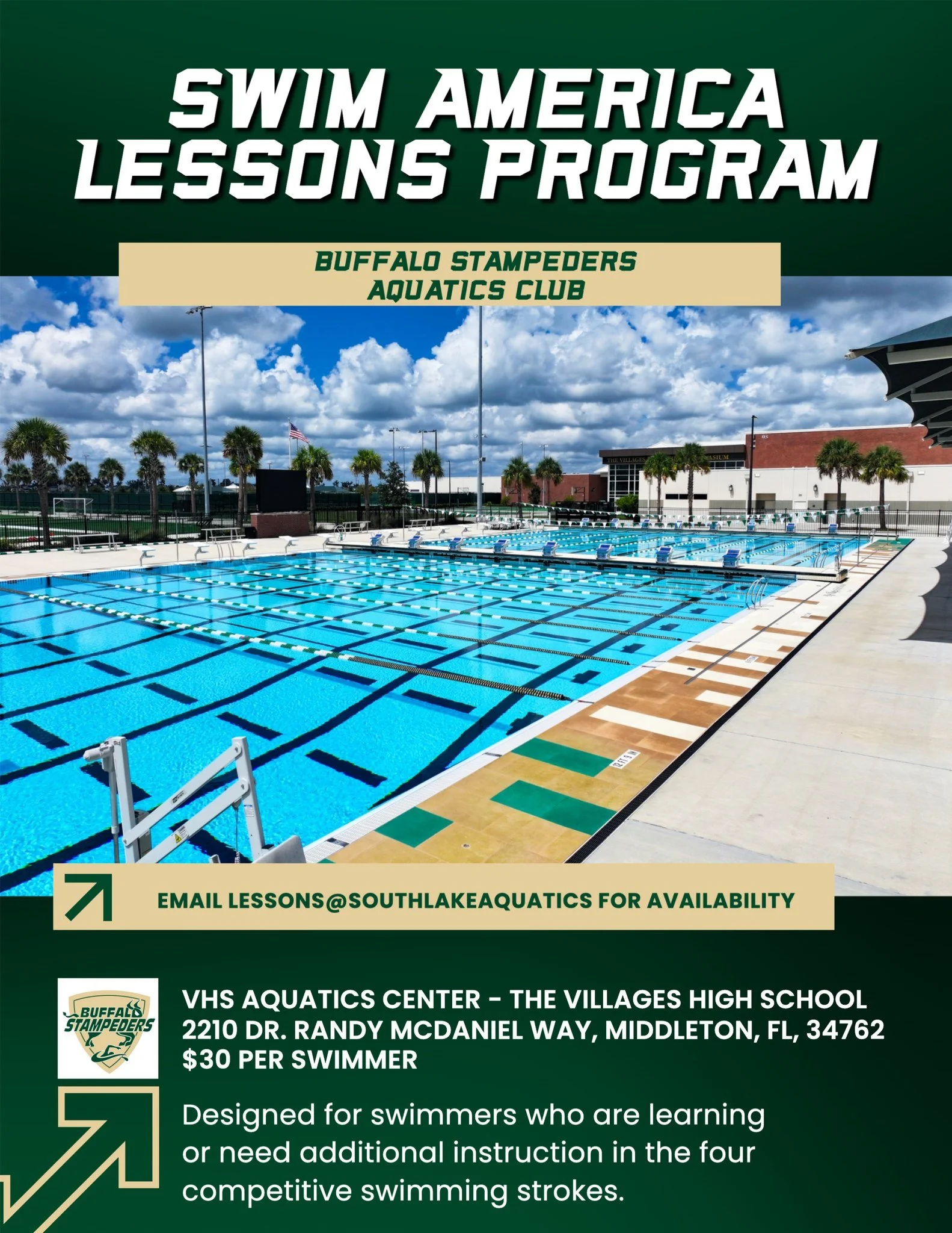 Our Buffalo Stampeders Aquatics Club is proud to host a Swim America Lessons Program at The Villages High School in Middleton.