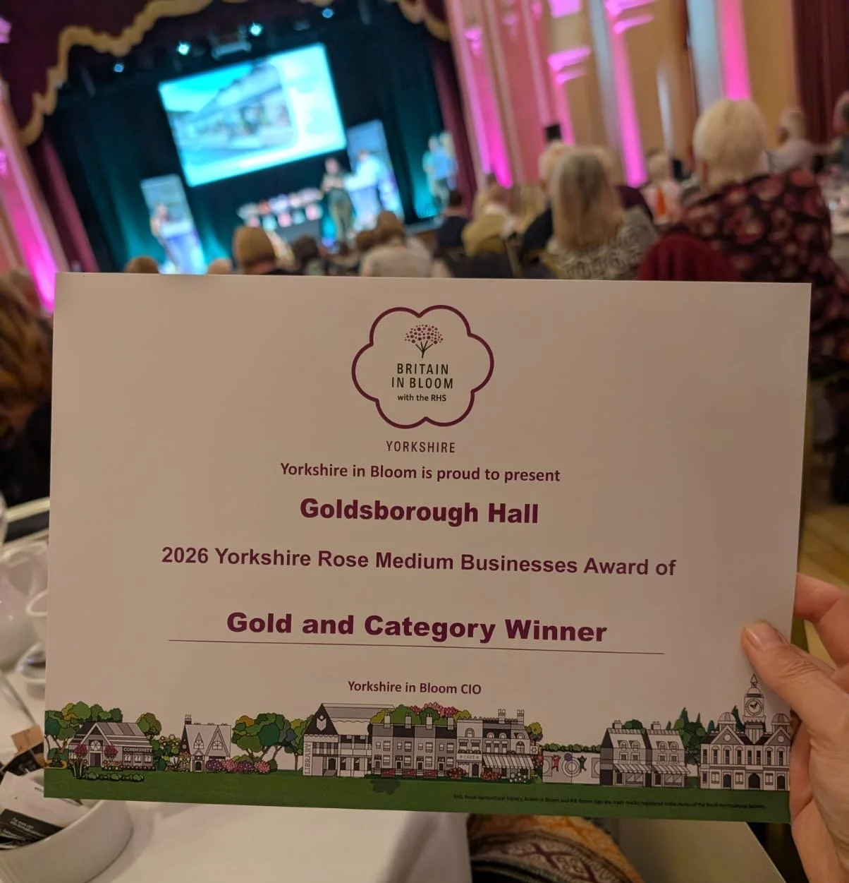 Image shows a certificate showing Goldsborough Hall's gold and category winner at Yorkshire in Bloom