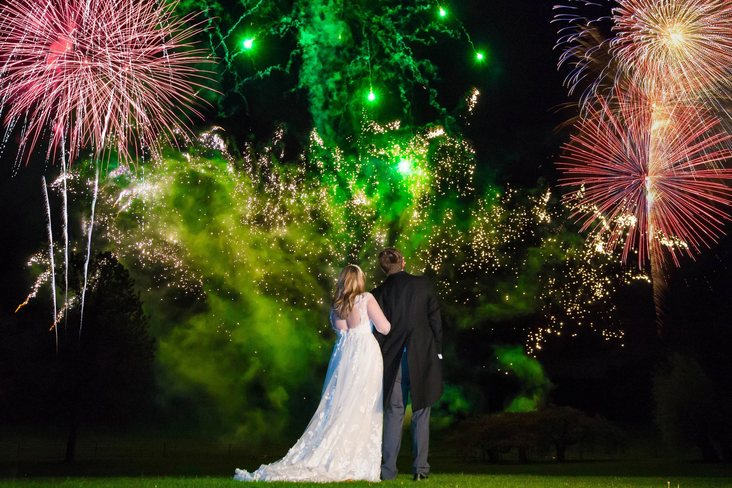a wedding couple with their back to the camera watching fireworks in the evening