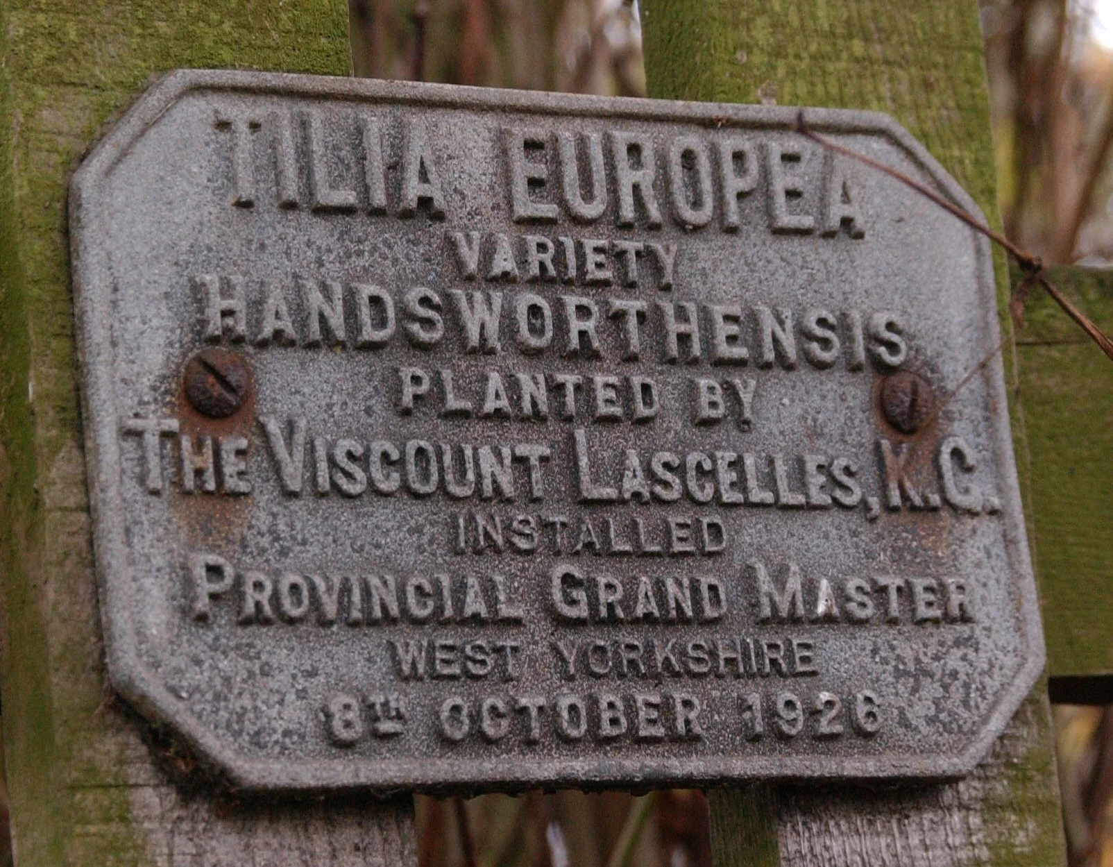 Plaque showing that Viscount Lascelles planted a tree at Goldsborough Hall on 8th October 1926