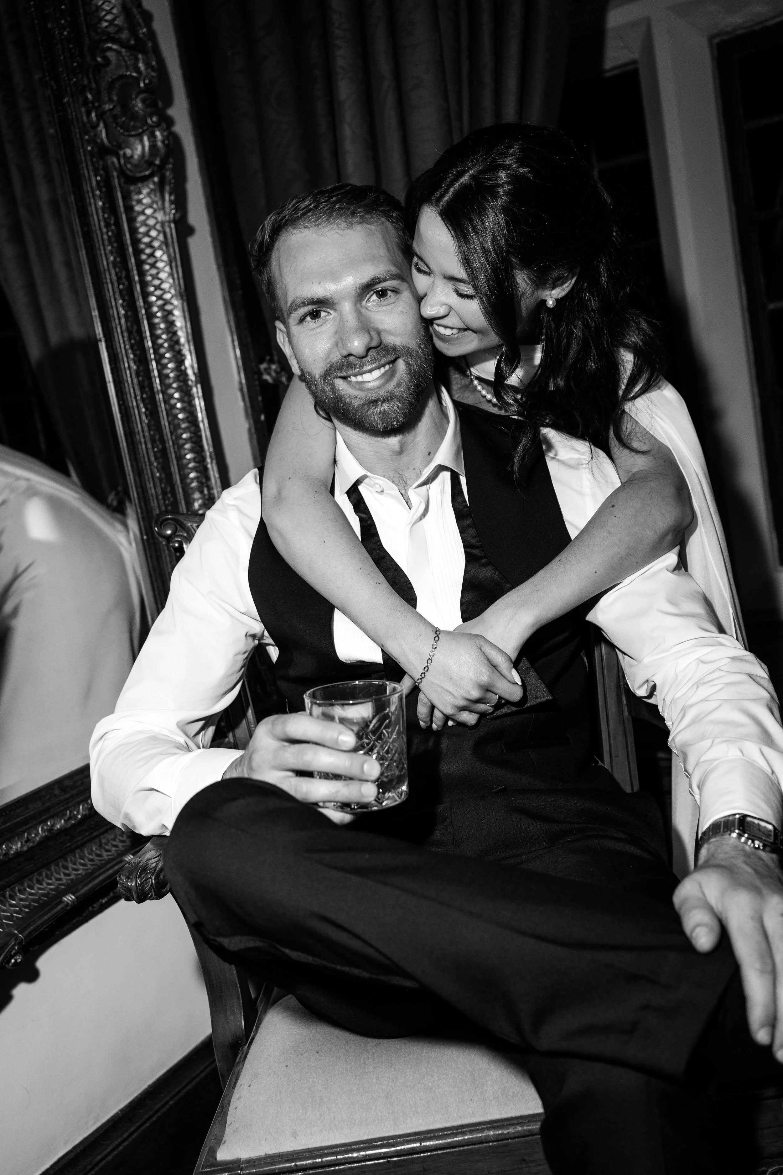 Black and white image of a couple after they have got married