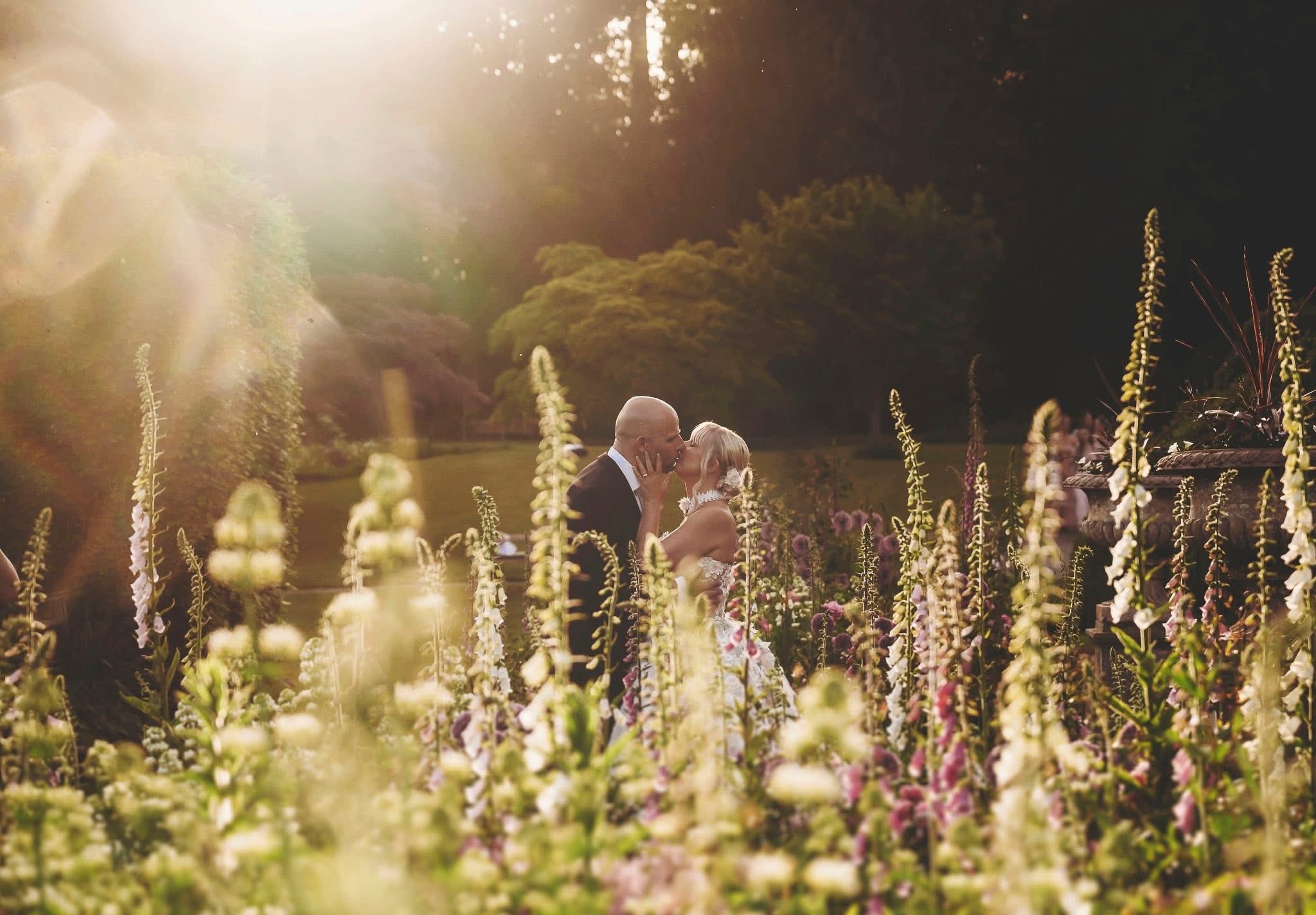 A bride and groom kissing in the gardens with a foreground of spires of foxgloves at sunset in the gardens of wedding venue Goldsborough Hall