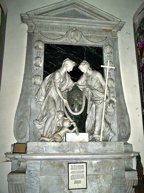 Marble image of two figures, Faith and Charity and memorial medallions of the Byerley family