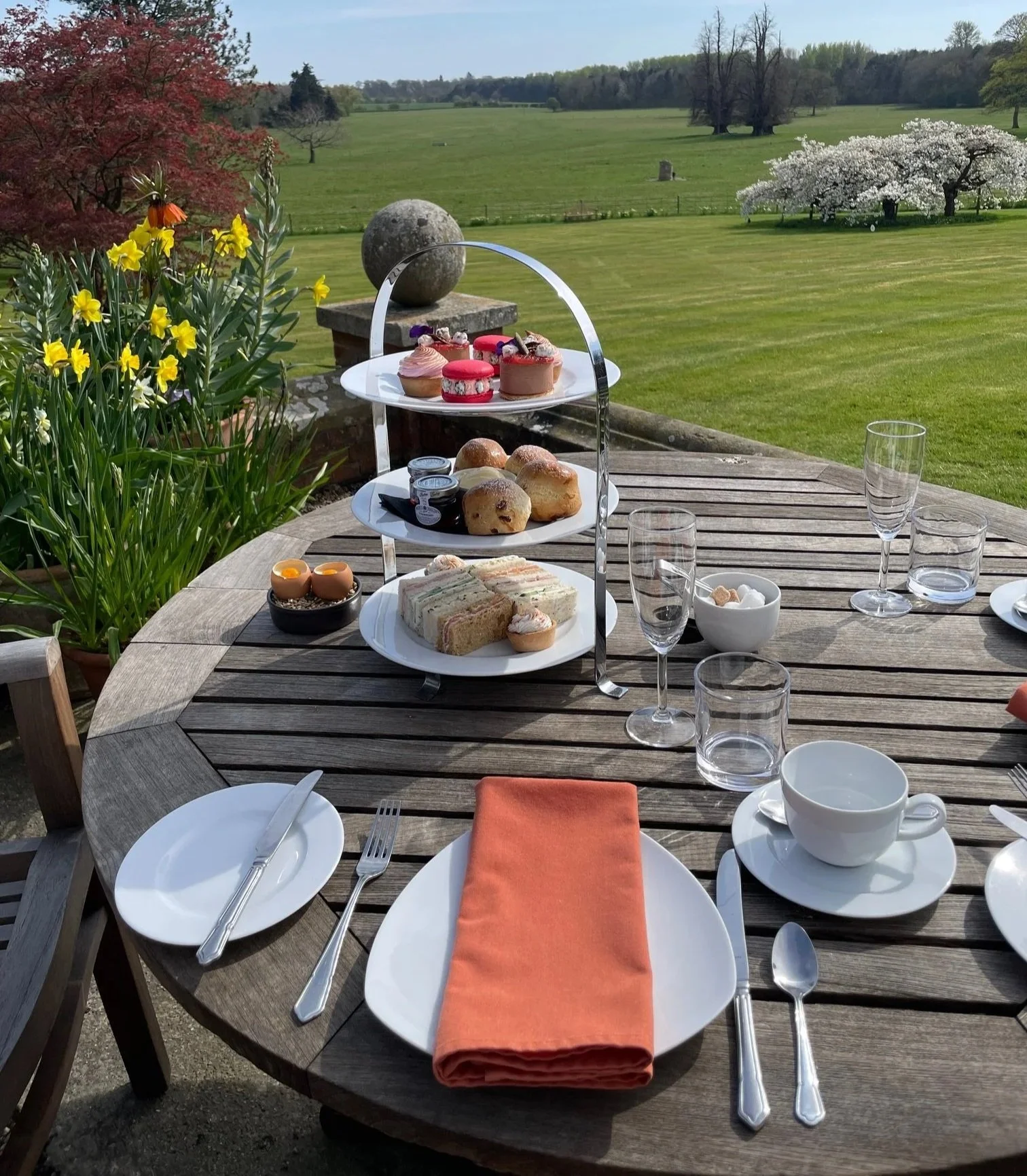 Afternoon tea on the terrace overlooking the grounds of Goldsborough Hall