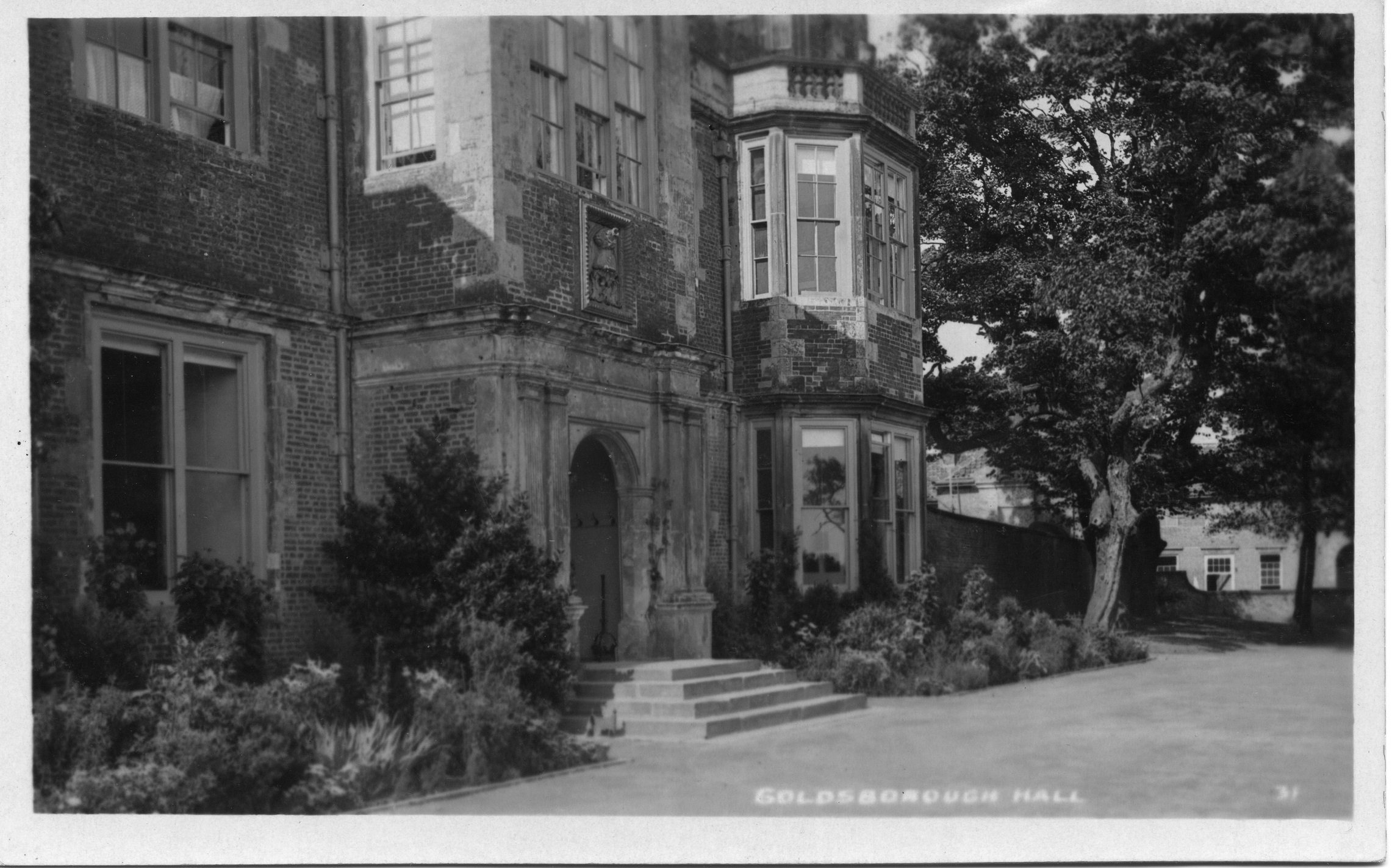 Black and white image of Goldsborough Hall, near Knaresborough, entrance in the 1920s