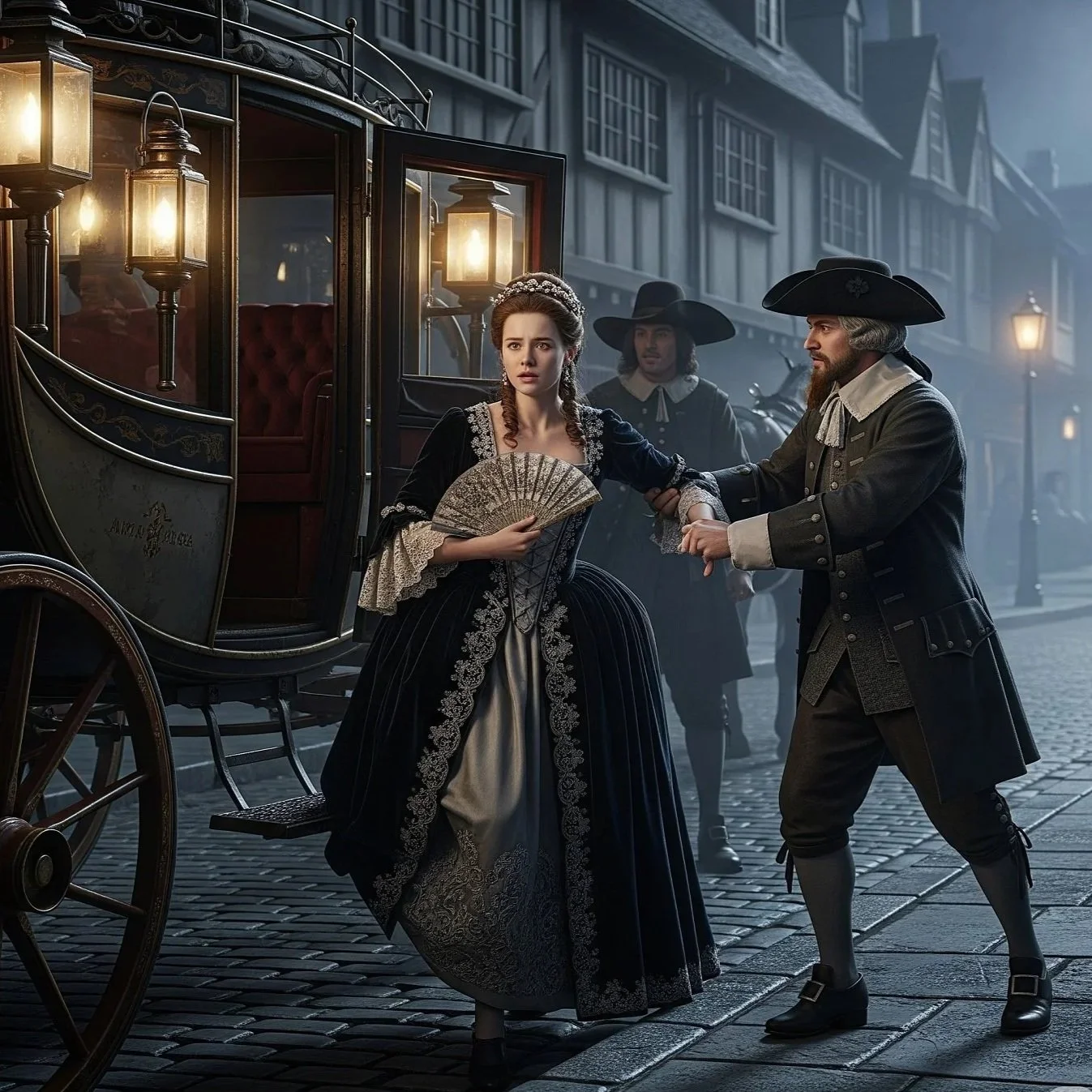 An AI generated image of a young girl being abducted from her carriage in the late 17th century