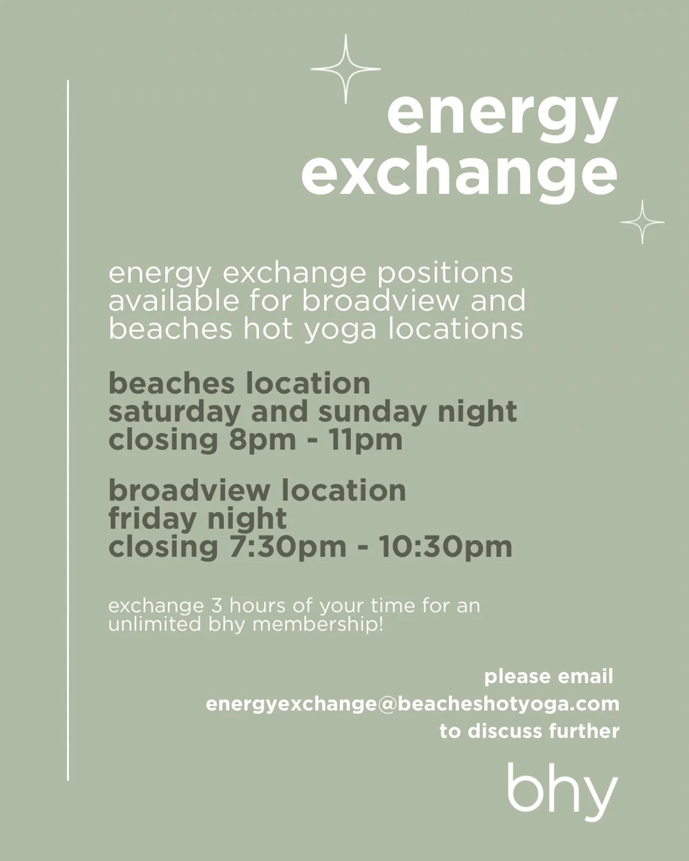 👋 we are looking for new energy exchange members for both our broadview and beaches locations. 

beaches location is a saturday and sunday night position - 8pm - 11pm 
broadview location is a friday night position - 7:30pm - 10:30pm

If this feels l