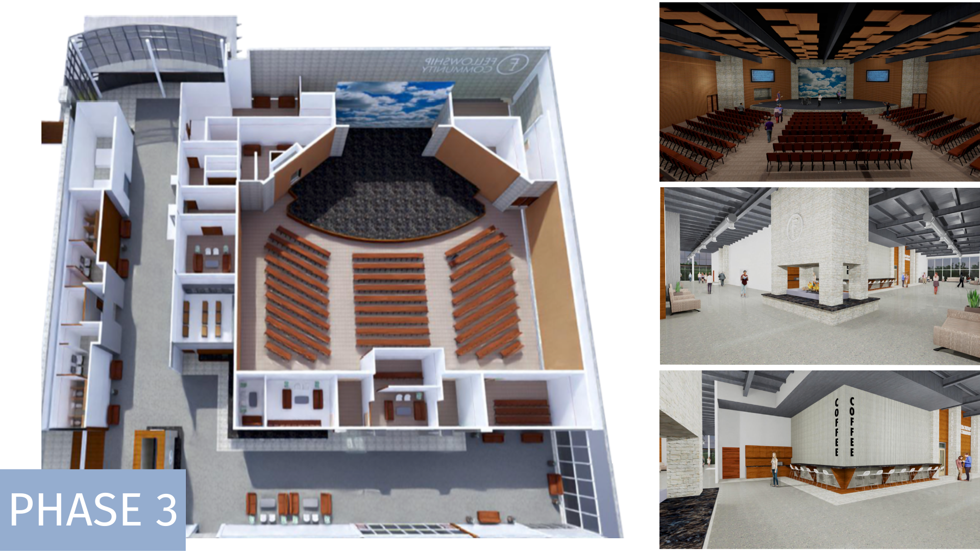 Architectural rendering of a community center with an auditorium, lobby, meeting rooms, and a coffee shop, labeled as phase 3 of construction.