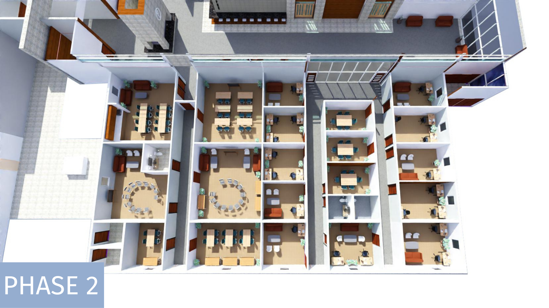 A 3D-rendered layout of an office building's second floor with multiple individual offices, conference rooms, lounge areas, and open workspaces.