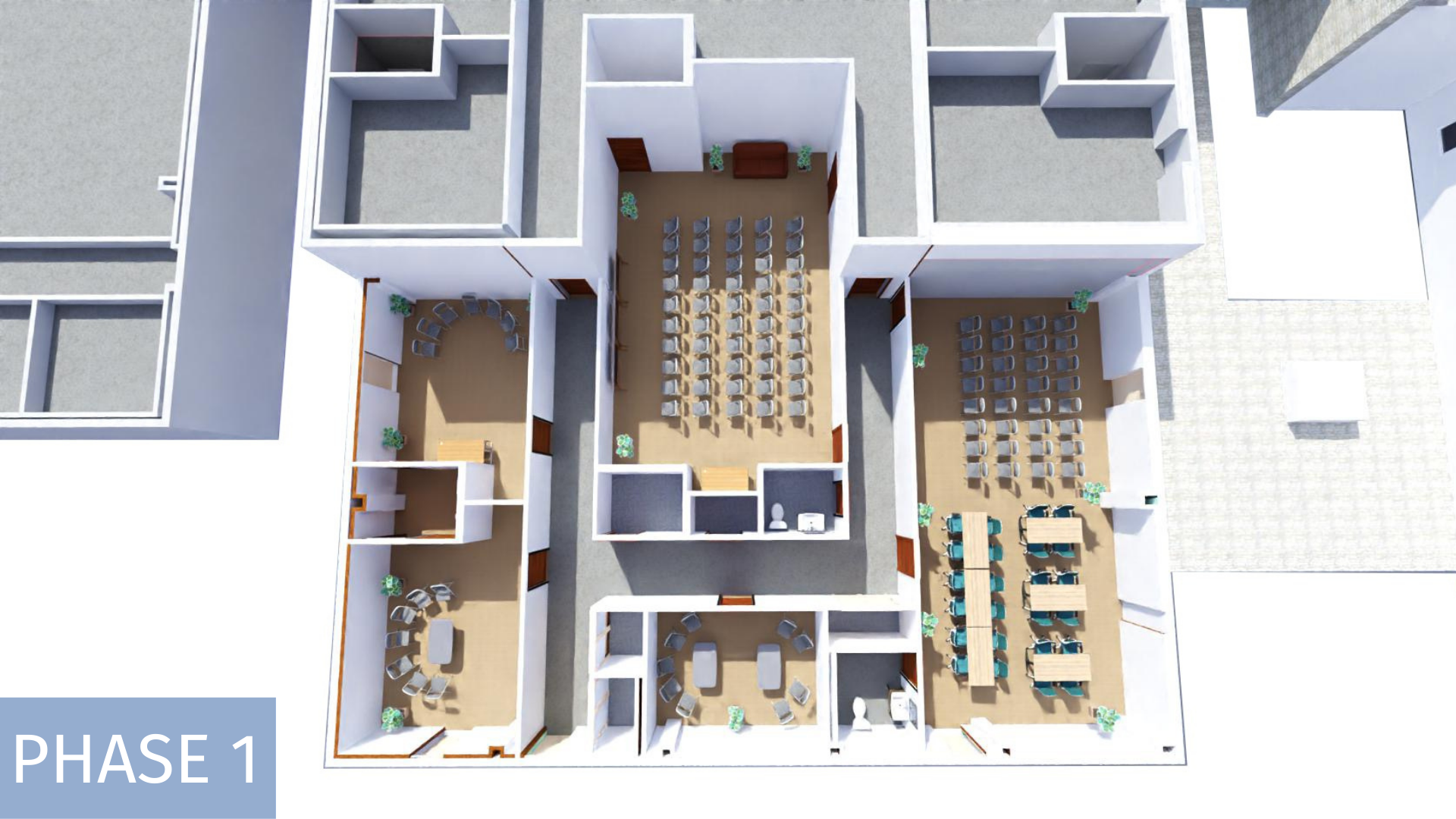 Top-down view of an office space plan labeled 'Phase 1', featuring multiple rooms with chairs, tables, and potted plants, as well as a central hall with rows of chairs facing forward.