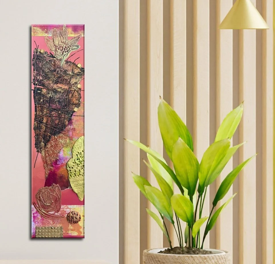 Another in my &ldquo;Hey Slim&rdquo; Series. Meet &ldquo;Hey Slim! Your Garden is a Beaut!&rdquo; 24&rdquo;x6&rdquo; collage and textures on cradled board. 

You&rsquo;ll be able to get up close and personal with these this Saturday, June 28 at @gard