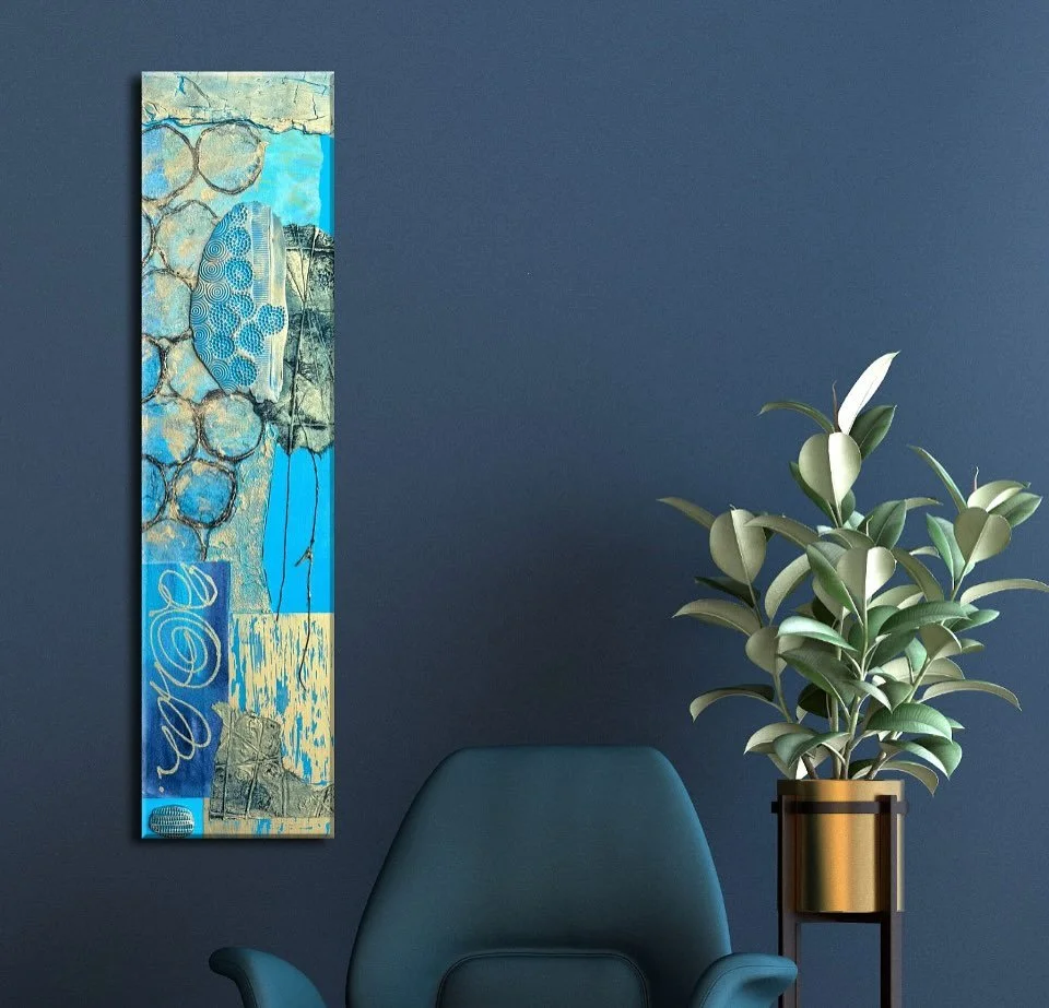 Meet my &ldquo;Hey Slim!&rdquo; Series! New 24&rdquo;x6&rdquo; pieces created with textures and collage. You&rsquo;ll be able to get up close and personal with these this Saturday, June 28 at @gardencityarts Art in the Park at Stevens Park in Garden 