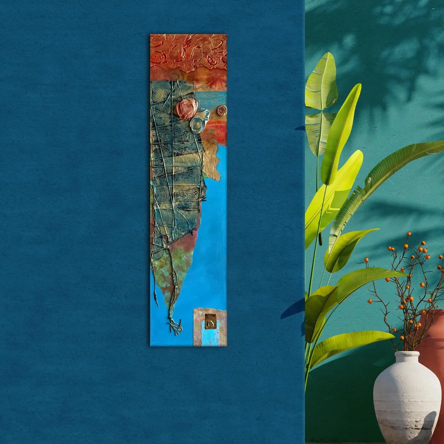 NEW from the studio! 24&rdquo;x6&rdquo; textured collage piece, this is &ldquo;Tropical Peace&rdquo; and is the first of more to come.
I&rsquo;ll introduce these go-anywhere sized works at Art in the Park on June 28th in Garden City, KS.  #collageart