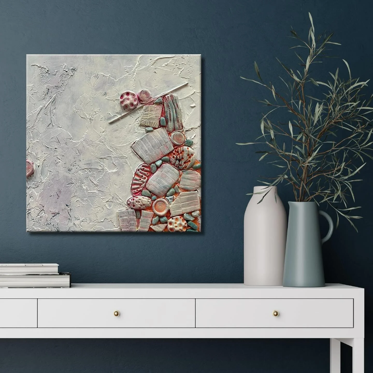Second piece, of three, that is currently showing @gardencityarts in the SWKS Squared Exhibit. This is &ldquo;Enough? Enough.&rdquo; Mixed Media on, of course, a 12x12 cradled wood board. 

When is enough, enough? What weight do you carry, what&rsquo