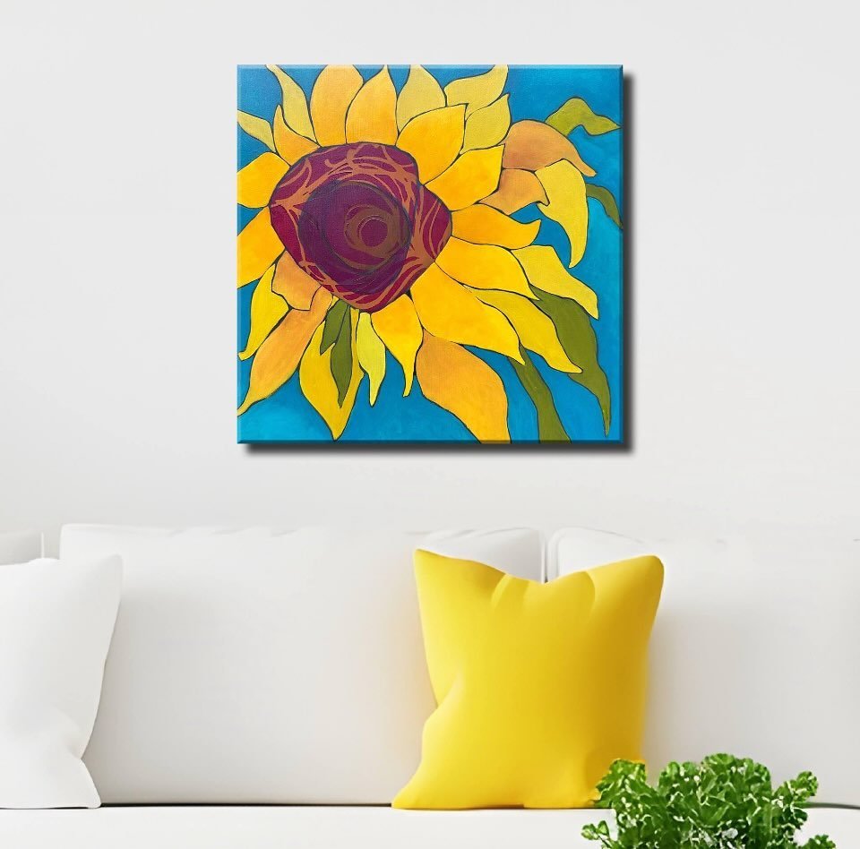 One of four new pieces: &ldquo;Sunny Disposition No. 2&rdquo; on 12x12 board. This one sold at Art in the Park to find its new owner! Find the additional three sunflowers @gardencityarts! Tuesday-Saturday 1-5