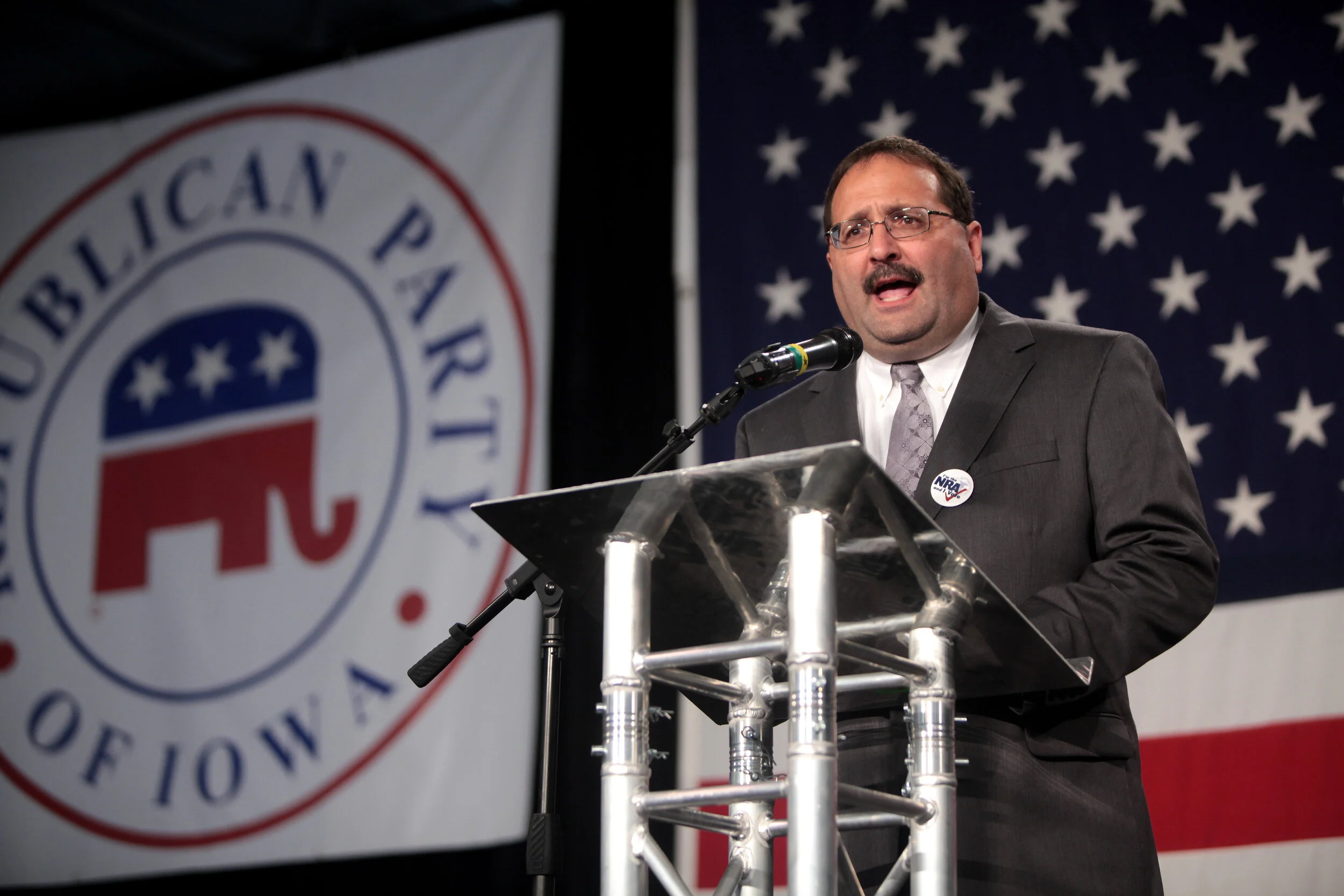 Photo: Iowa Republican Party Chairman Jeff Kaufmann speaking with attendees at the 2015 Iowa Growth & Opportunity Party at the Varied Industries Building at the Iowa State Fairgrounds in Des Moines, Iowa. (Photo Credit: Gage Skidmore)