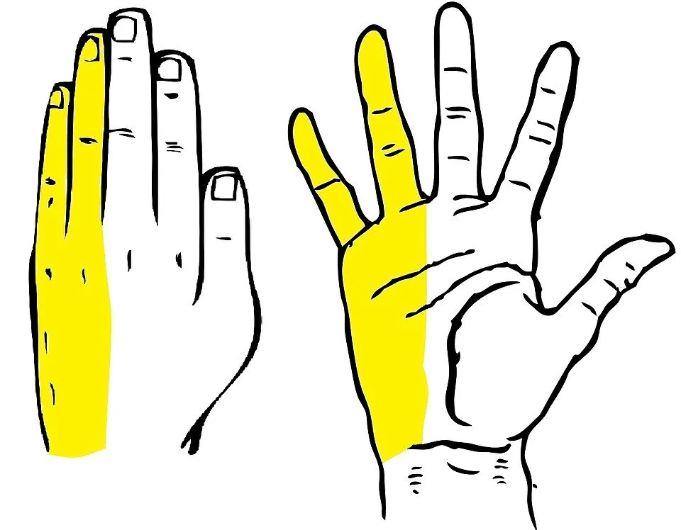 Dessin de deux mains avec l'auriculaire et la moitié de l'annulaire colorés en jaune.