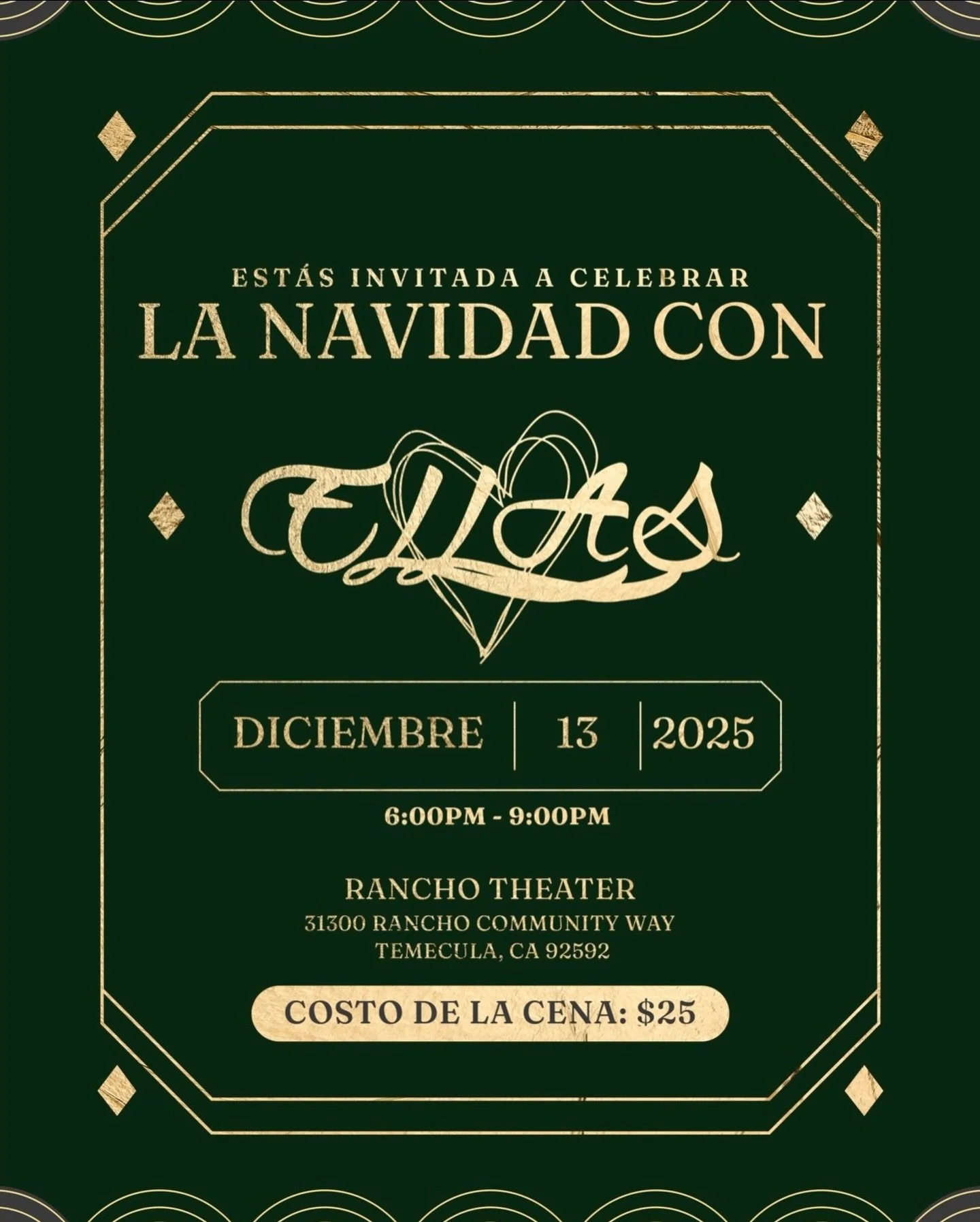 ✨ &iexcl;Est&aacute;s invitada al Evento de Mujeres de Navidad! ✨

Acomp&aacute;&ntilde;anos este s&aacute;bado 13 de diciembre, de 6:00 pm a 9:00 pm, en la Iglesia Rancho en Espa&ntilde;ol, para una noche especial dise&ntilde;ada solo para mujeres.
