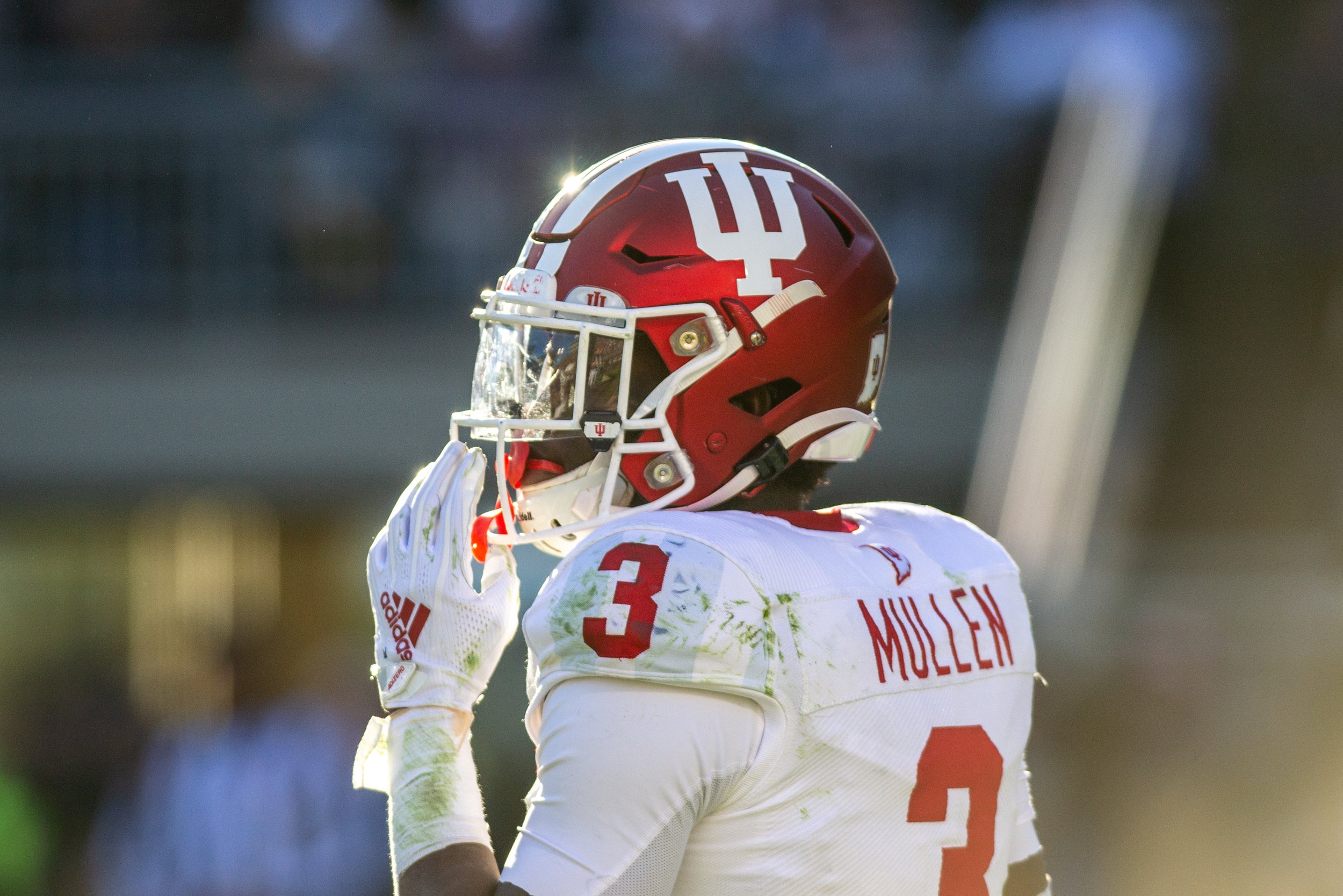 Taiwan Mullen, Indiana University defensive back, adjusts his helmet before a play during the game vs. Penn State on Nov. 14, 2019.