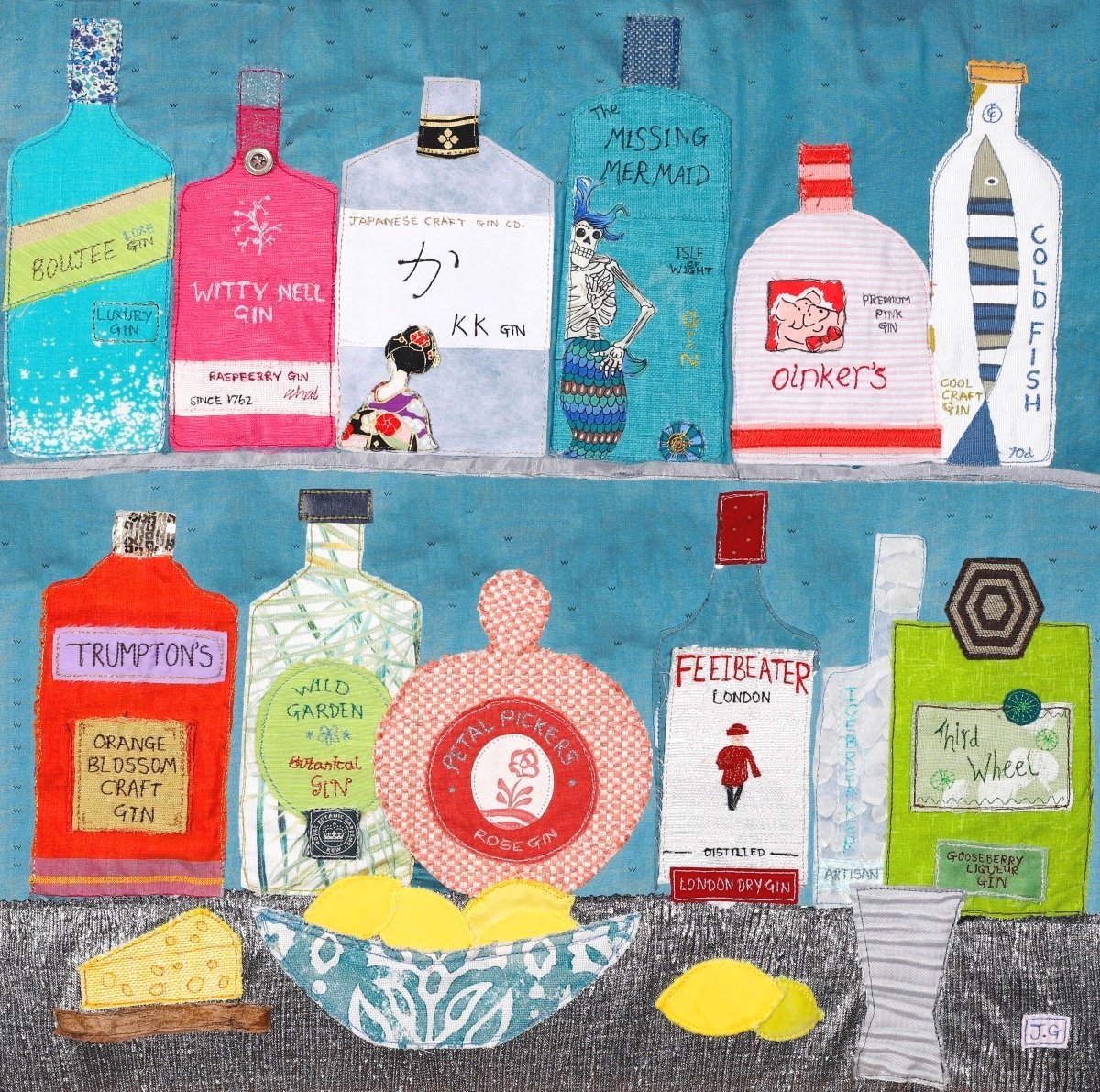 Gin Bottles Textile Art Painting - Jackie Gale