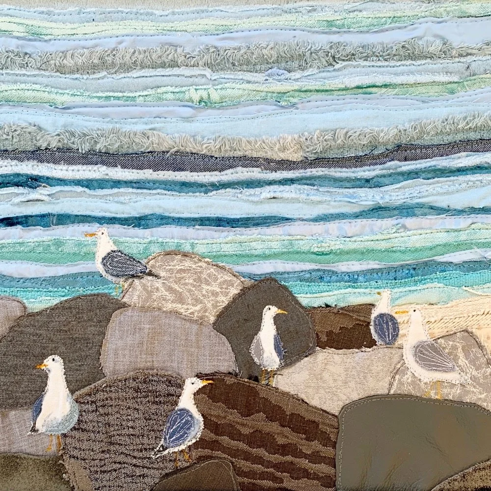 Textile Art Seascape - Seagulls - Jackie Gale, Devon Textile Artist