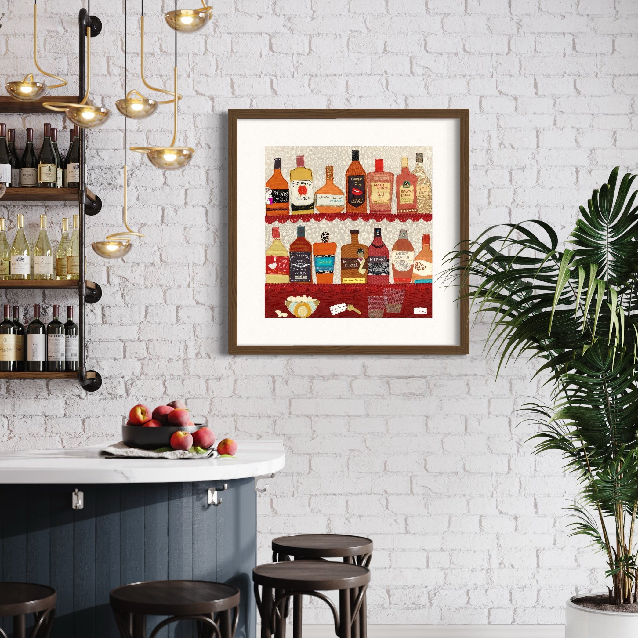 Bourbon Bottles Textile Art - Framed Print Picture Jackie Gale
