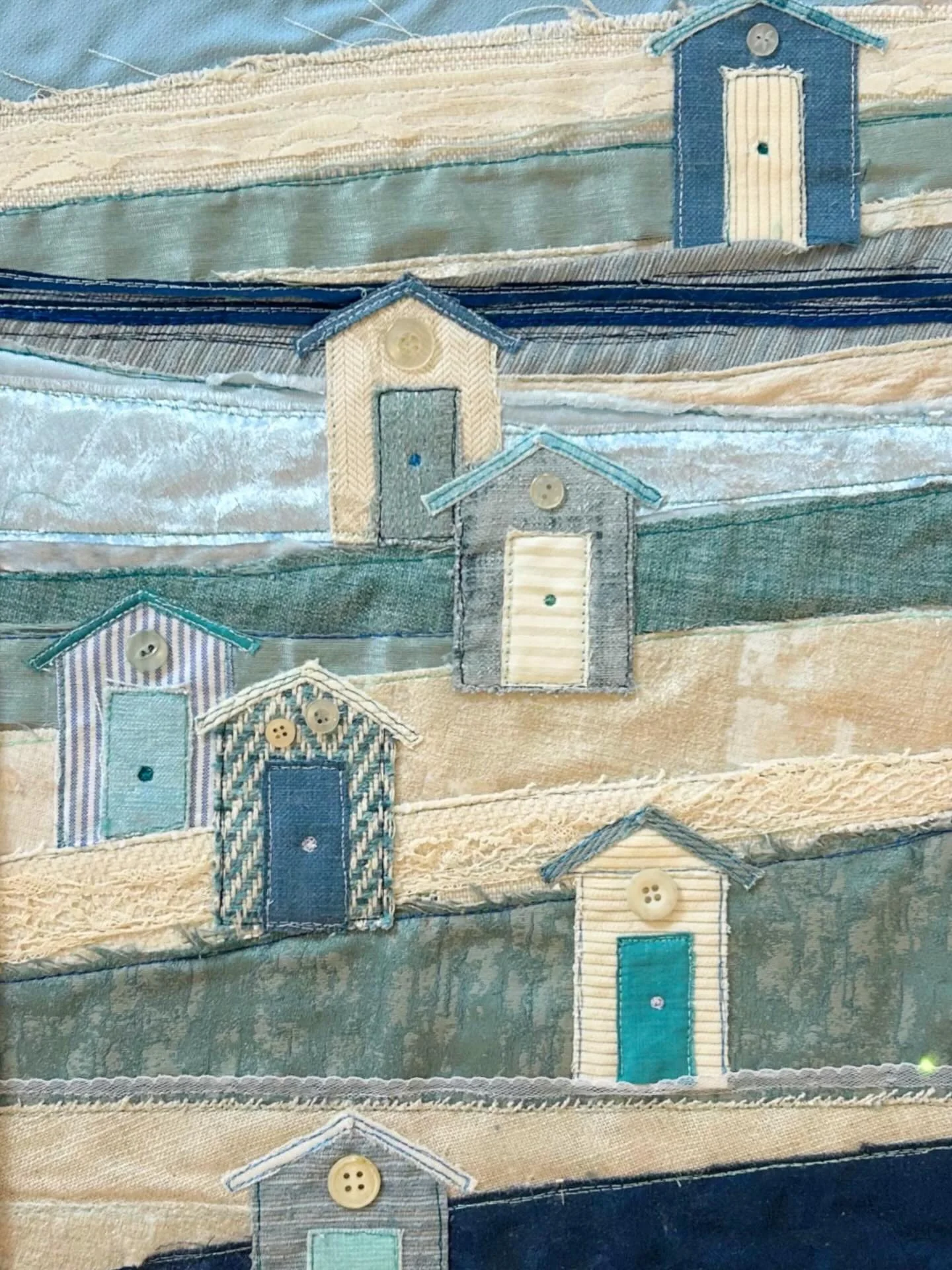A new one 😊 🌊 

&lsquo;Sandbanks&rsquo; is a soft calm coastal piece. A textured layered landscape featuring charming little sea shelters. 

The palette is muted yet bright, capturing that gentle coastal light that feels both peaceful and uplifting