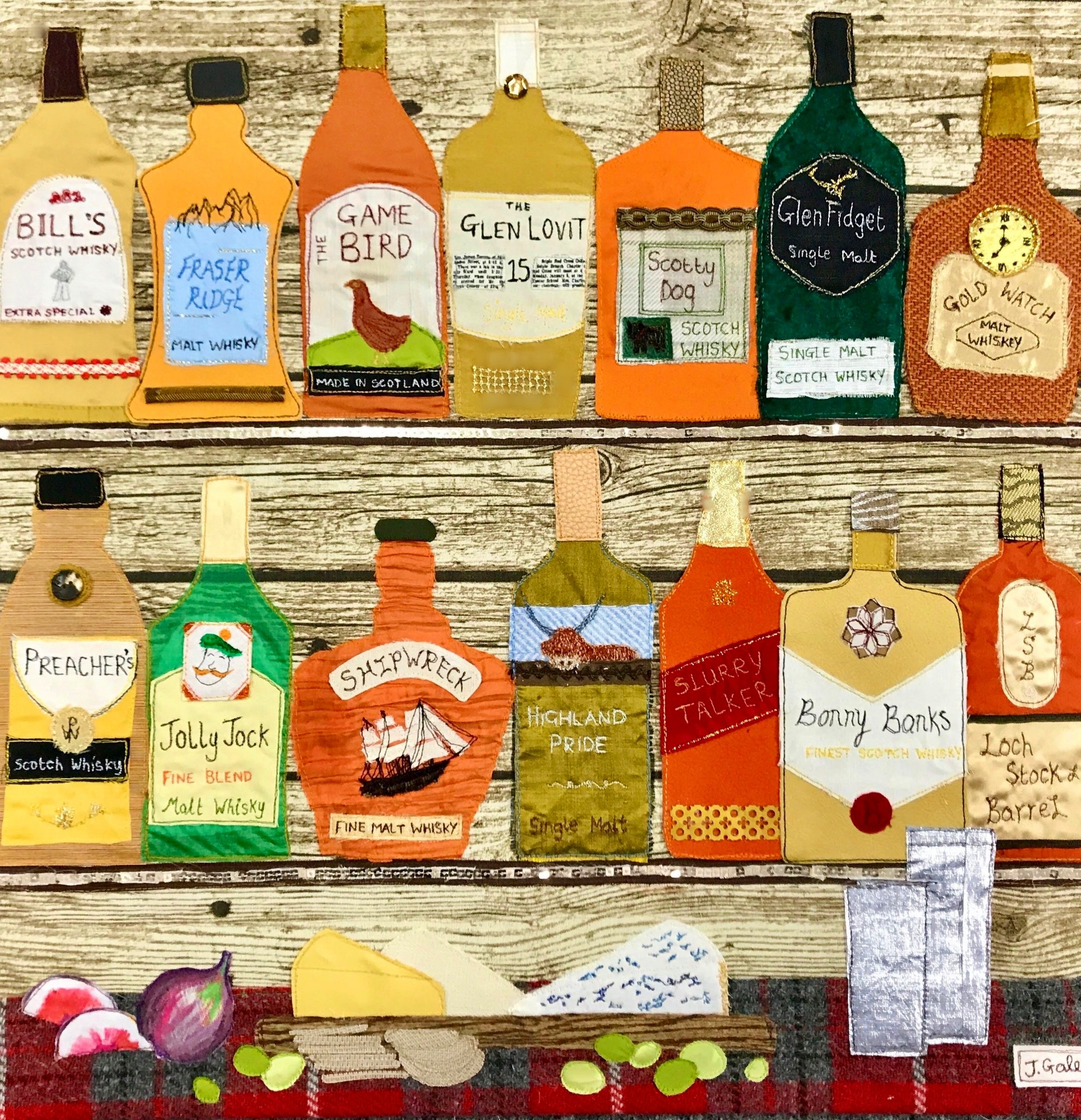 Whisky Bottles Textile Art Print Picture By Jackie Gale