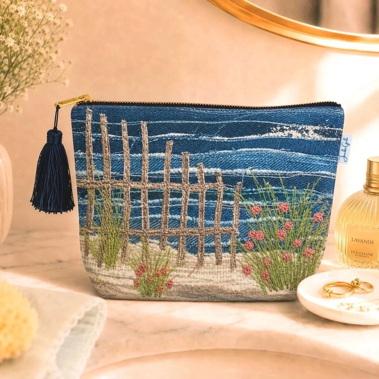 Velvet  wash bag - Coastal makeup bag by Jackie gale Textile art