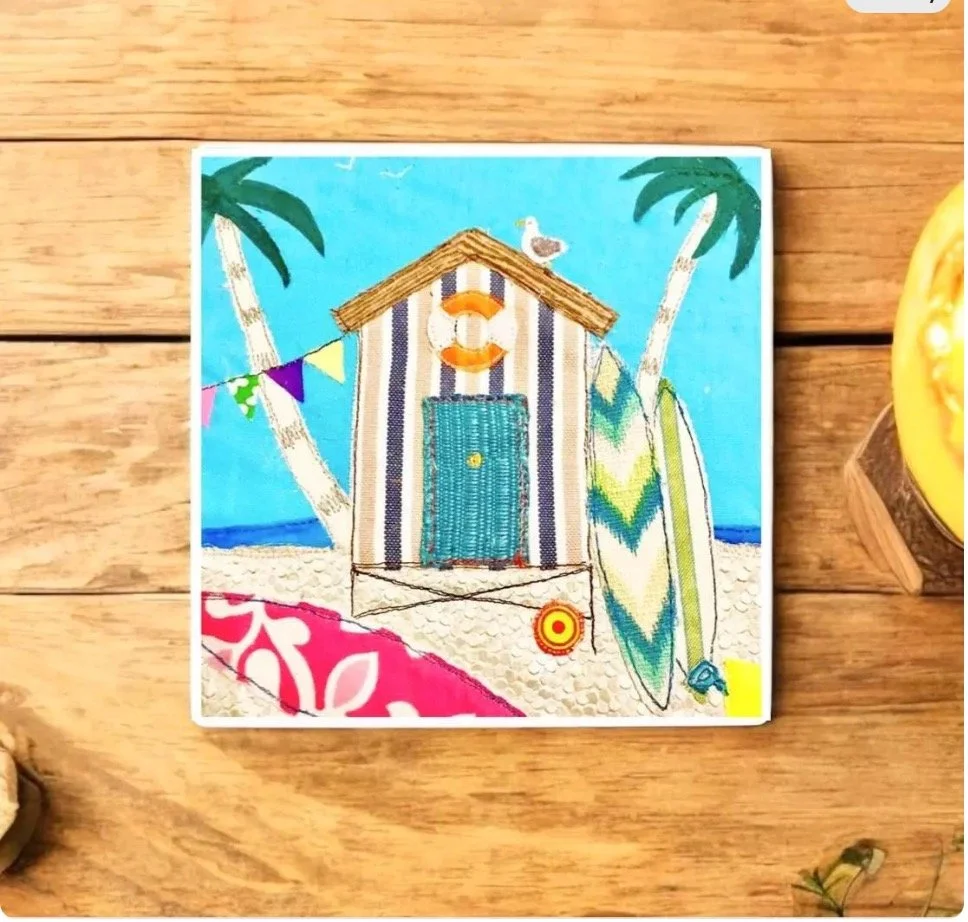 Beach Hut Textile Art Coaster By Jackie gale