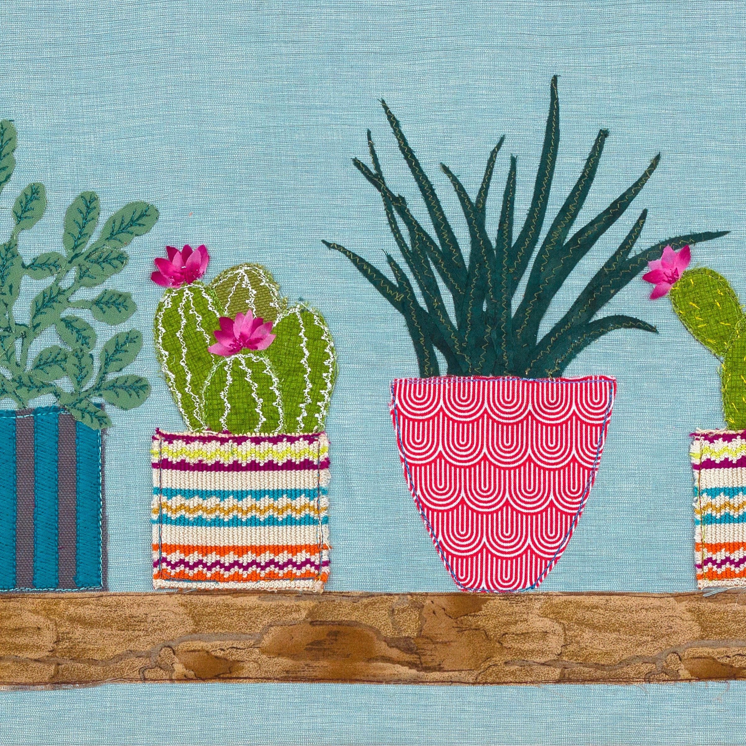 Pot plants flowers shelf textile art Jackie Gale Devon artist