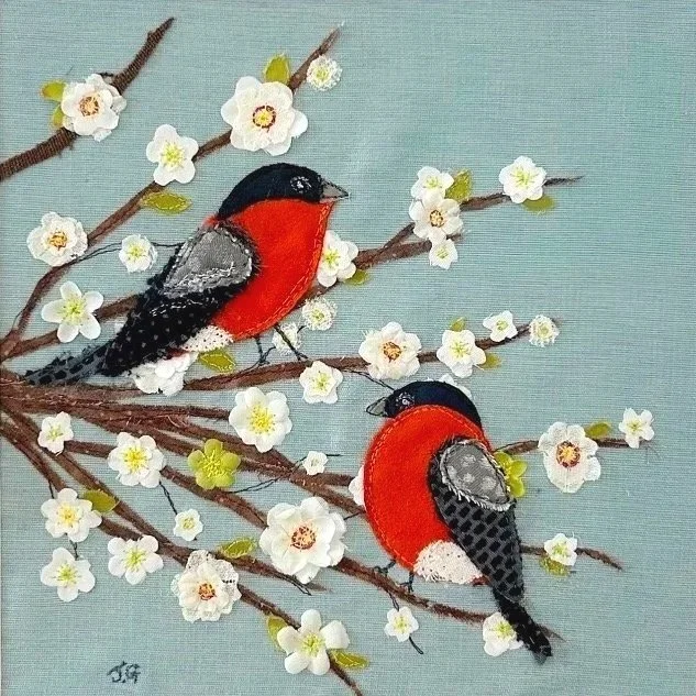 Bullfinches coaster by Jackie Gale Textile Art