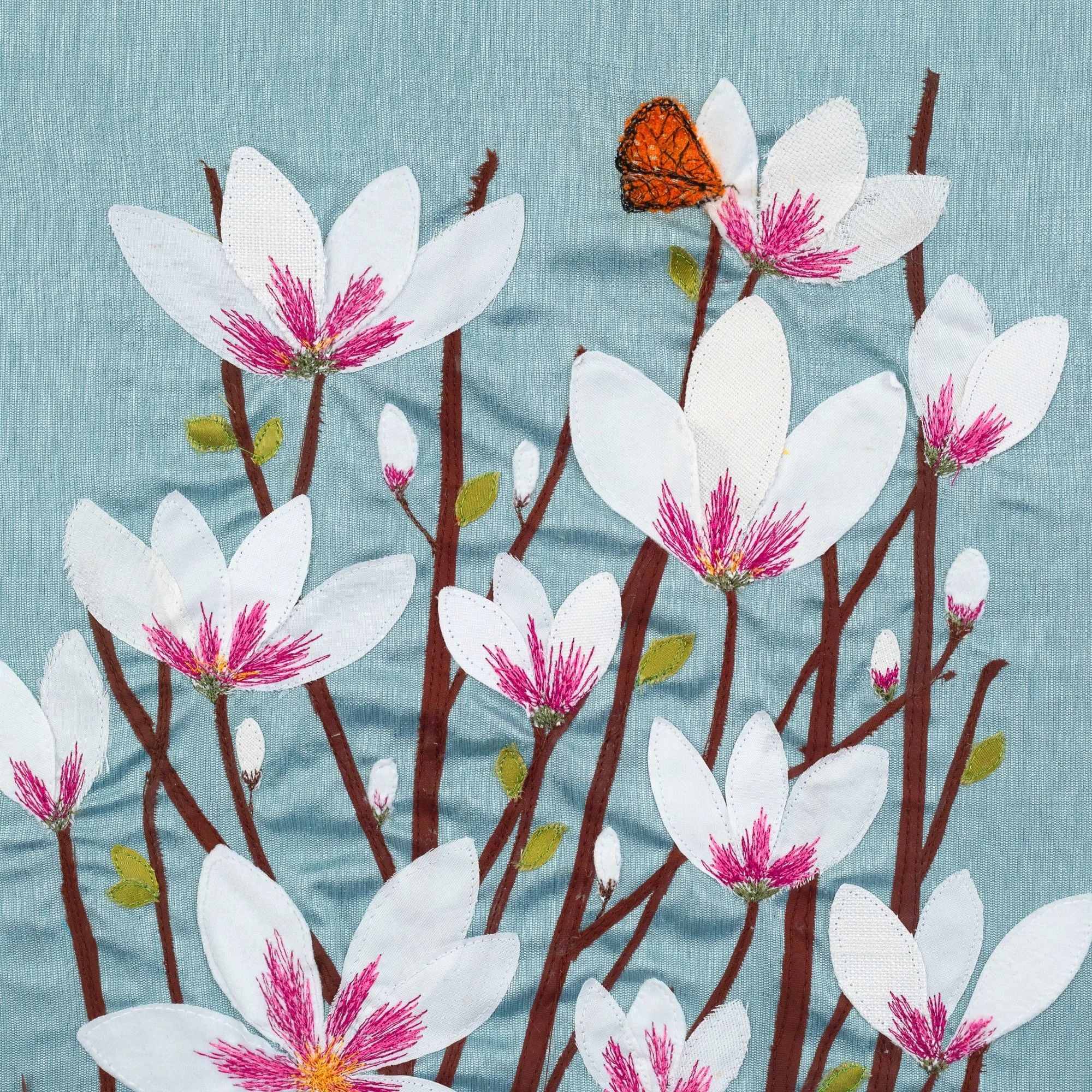 Magnolia Flower Artwork with butterfly - Jackie Gale Textile Art