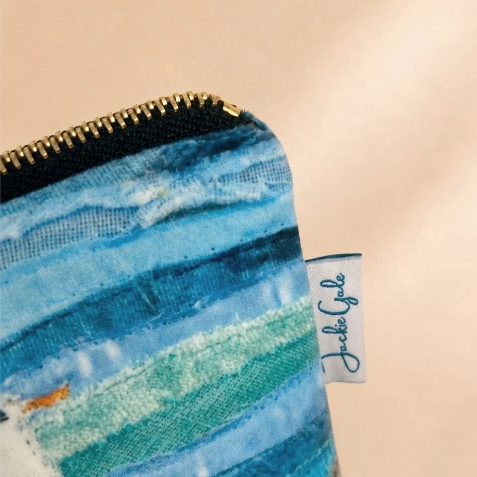Coastal make up washbag in velvet by Jackie Gale textile art