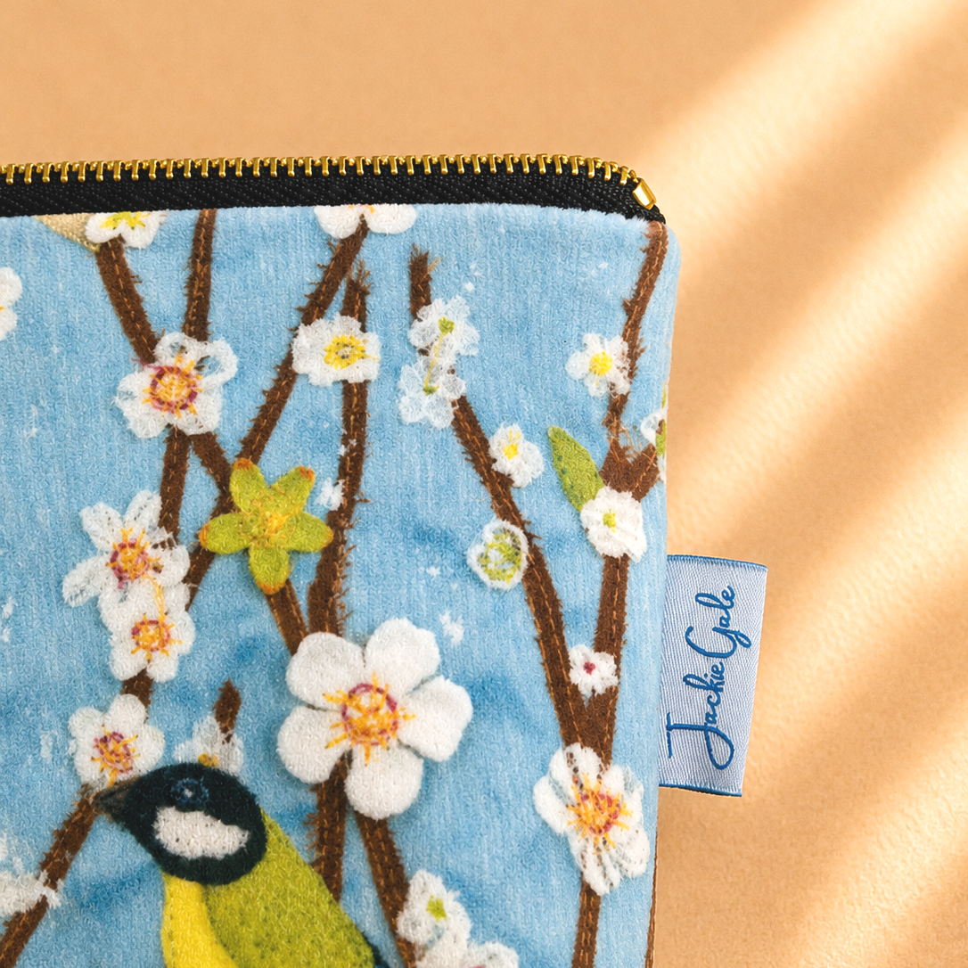 Great Tits velvet cosmetic bag by Jackie Gale