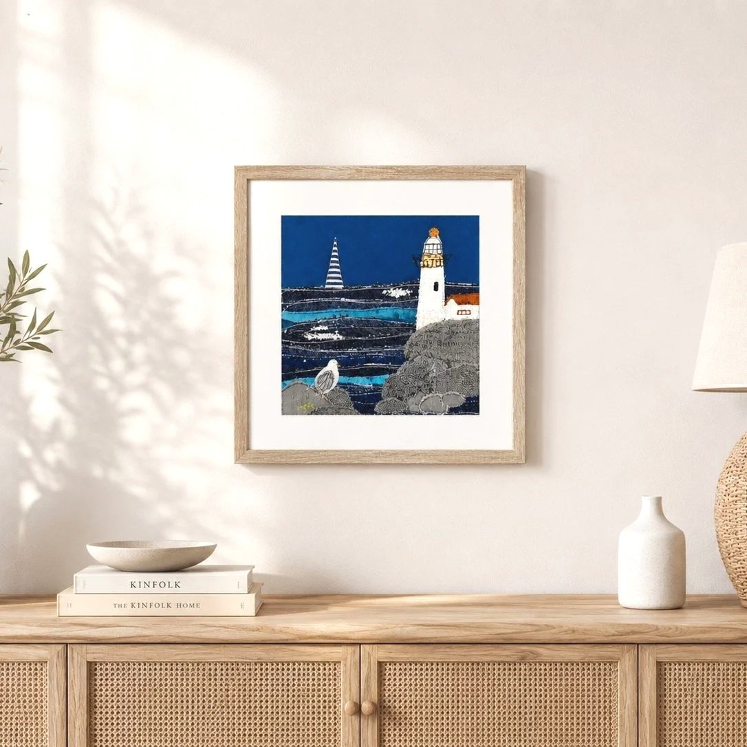 Lighthouse at night textile artwork by Jackie Gale