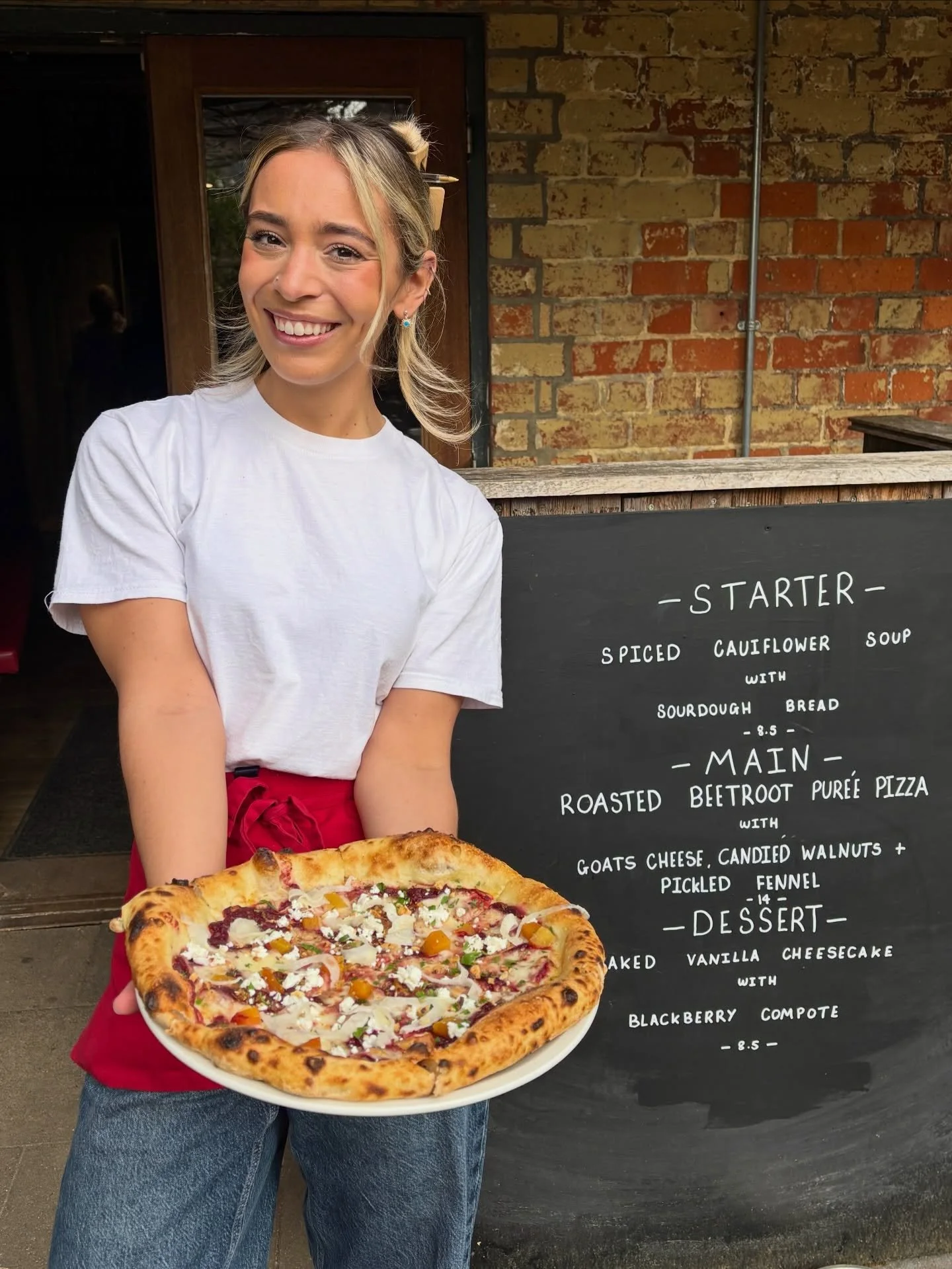 Beetroot &amp; goat&rsquo;s cheese pizza. Joining spiced cauliflower soup &amp; baked cheesecake on March&rsquo;s specials board.