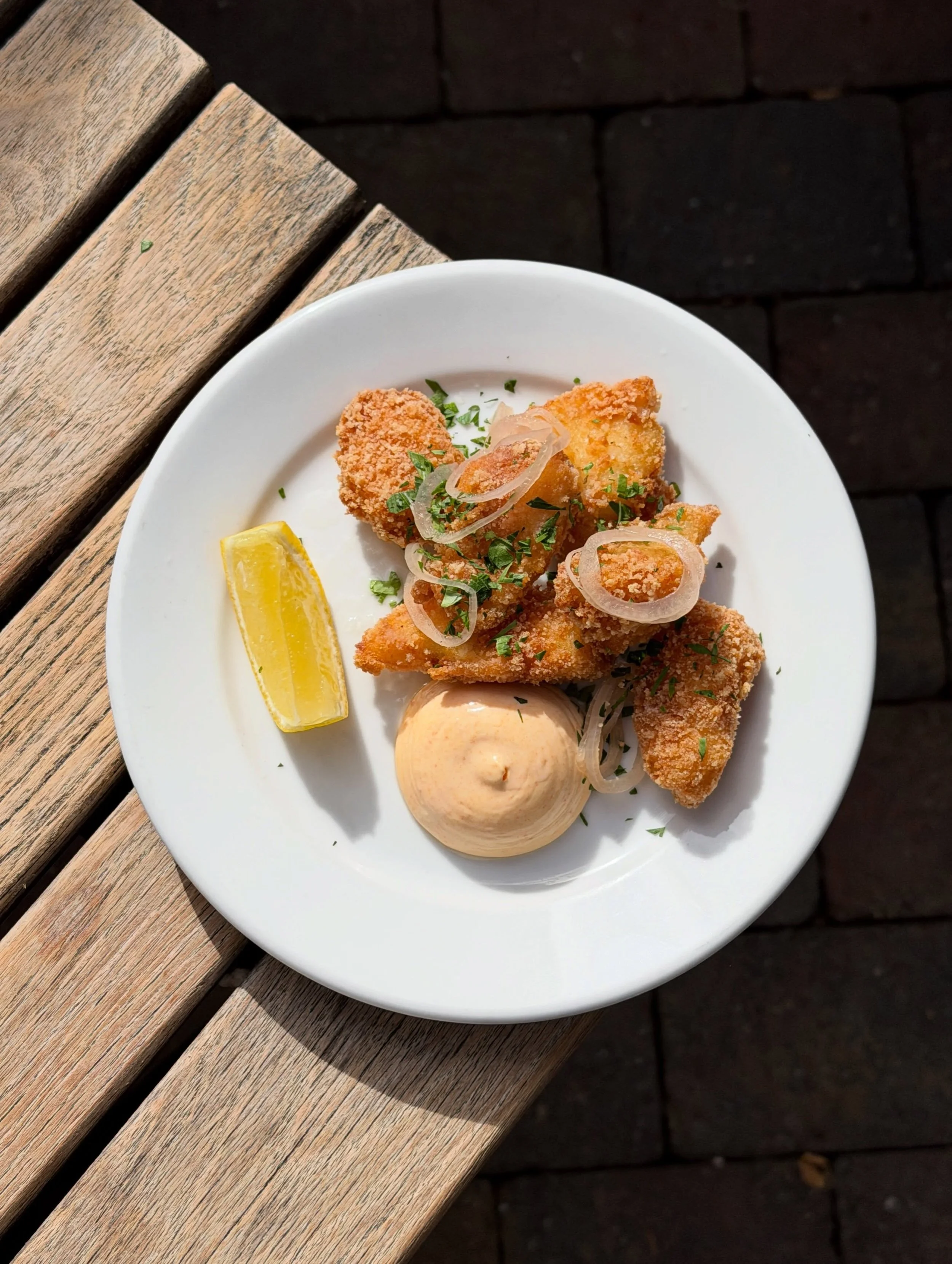Cod scampi, chilli mayo &amp; pickled shallots.