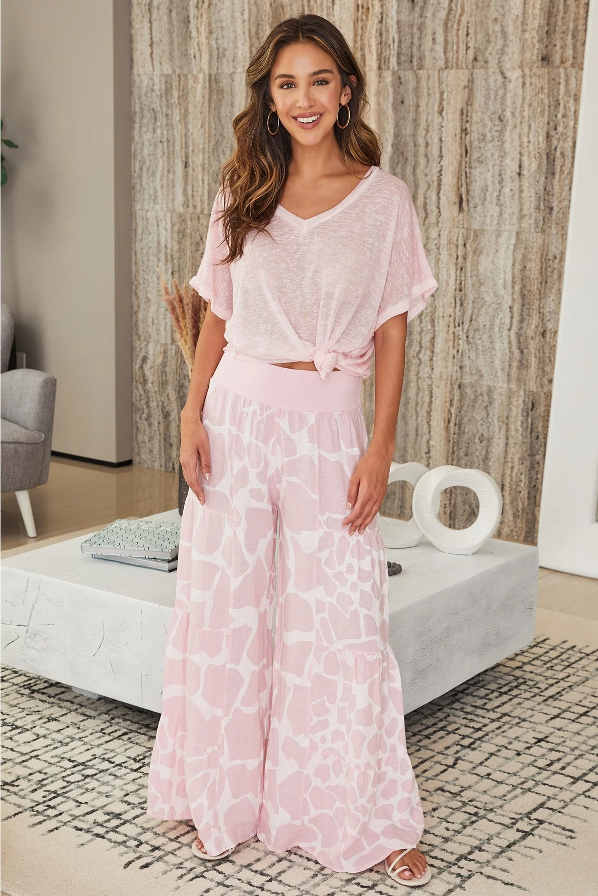 Linen Pebble Print Tiered Palazzo Pant(2-36-PEBBLE-PINK).webp