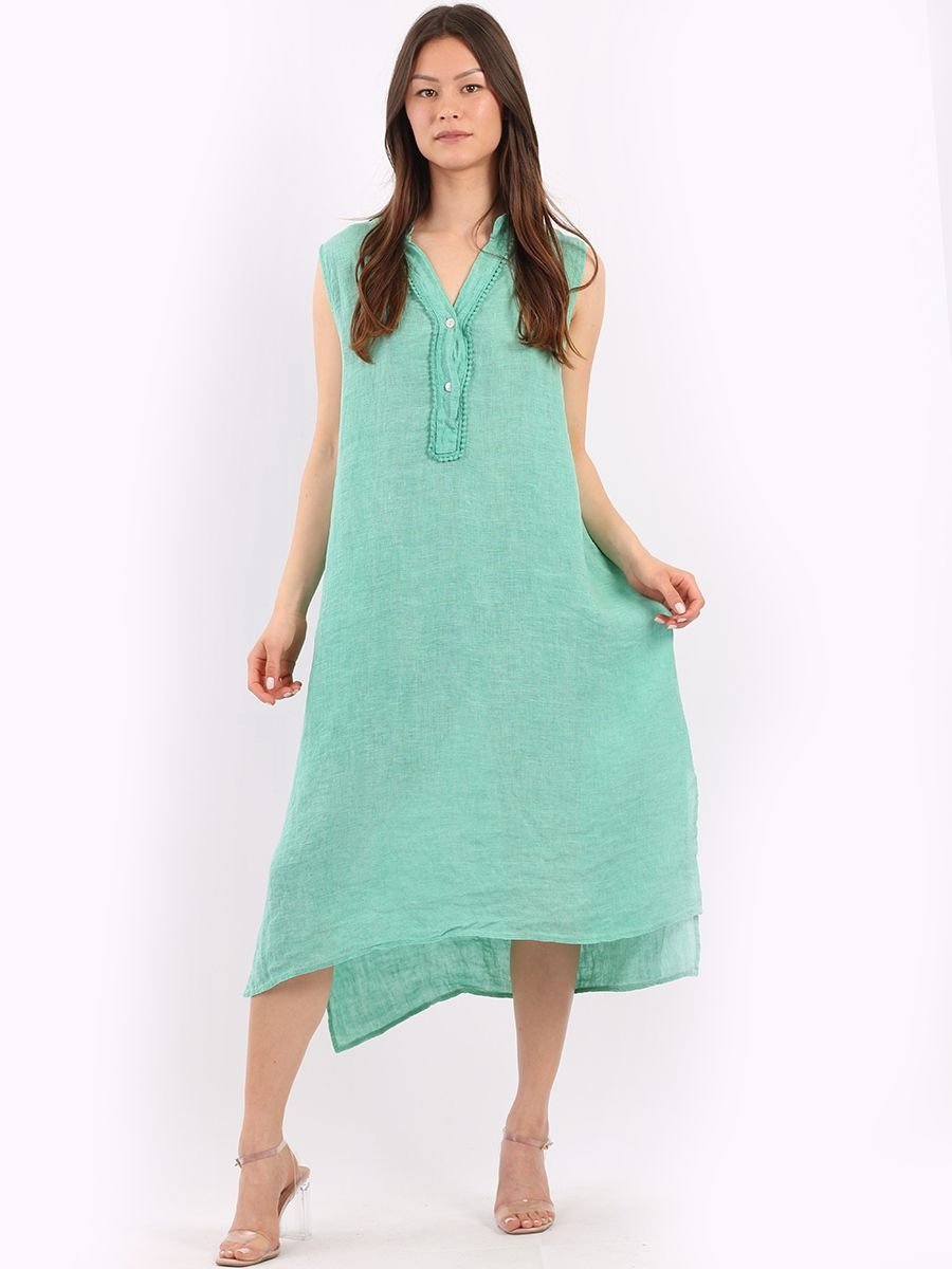 Plain Sleeveless Front Lace Placket Linen Lagenlook Shift Dress blue teal.jpeg