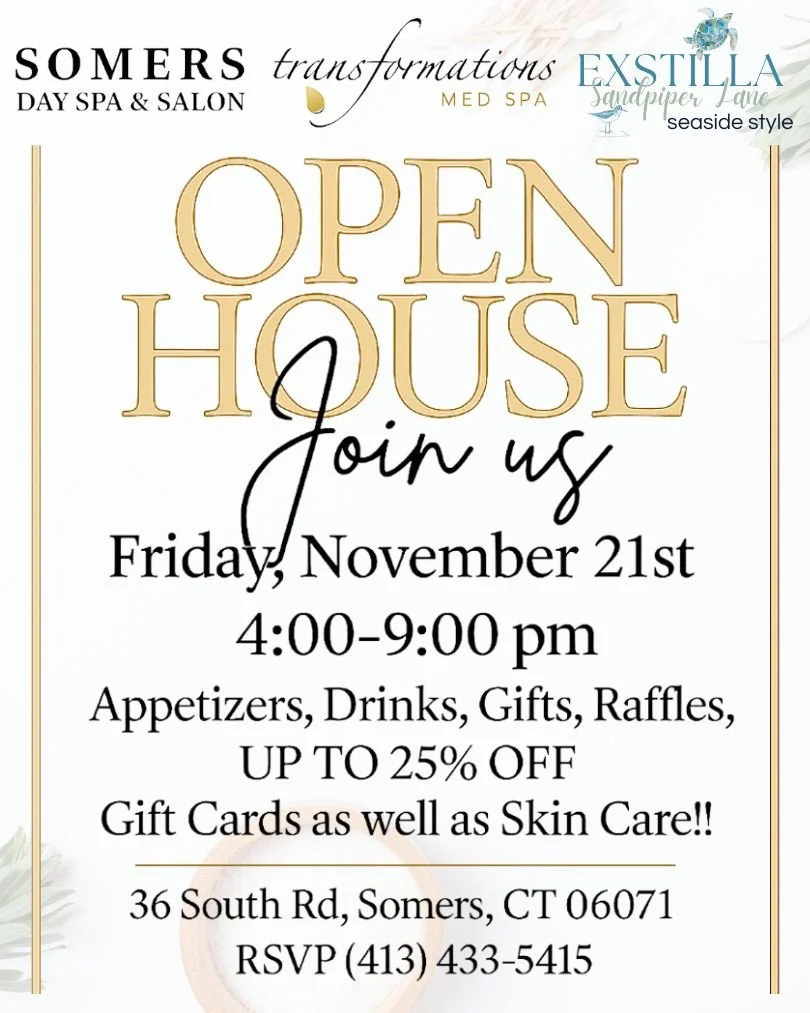 ✨ Join us for a fun evening with @somersdayspa  @transformations_medspa 🧖🏼&zwj;♀️ @laurenashley_aesthetics 

🗓 Friday, November 21st
🕟 4:00&ndash;9:00 PM
📍 36 South Rd, Somers, CT

Enjoy exclusive event specials, complimentary appetizers and dri