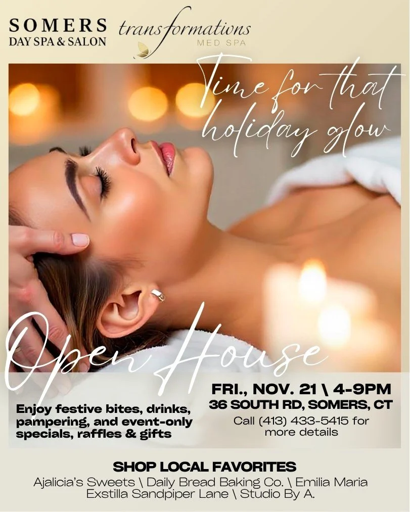 ⏳ See you in just 2 weeks at the @transformations_medspa  Holiday Spa Shop &amp; Open House at @somersdayspa 

🗓 Friday, November 21st
🕟 4:00&ndash;9:00 PM
📍 36 South Rd, Somers, CT

🥂 Enjoy festive bites, drinks, pampering, and event-only specia