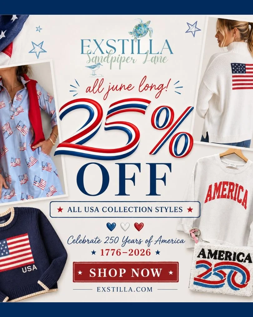 🇺🇸 Which one are you grabbing first? ❤️🤍💙

America 250 styles are now 25% OFF all June long.

☀️ Just in time for summer and the 4th of July.

Shop now: Exstilla.com/sandpiper-lane/sale