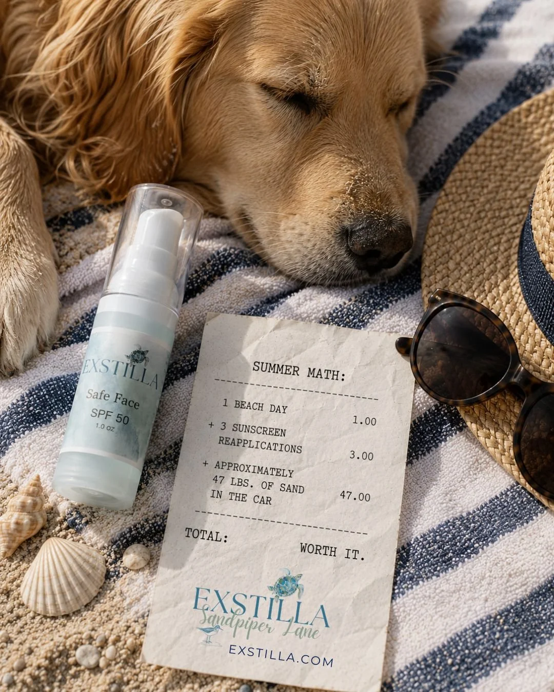 SUMMER MATH ☀️🌊

1 beach day
3 sunscreen reapplications
47 lbs. of sand in the car.
BONUS: 1 exhausted dog

TOTAL: Worth it.