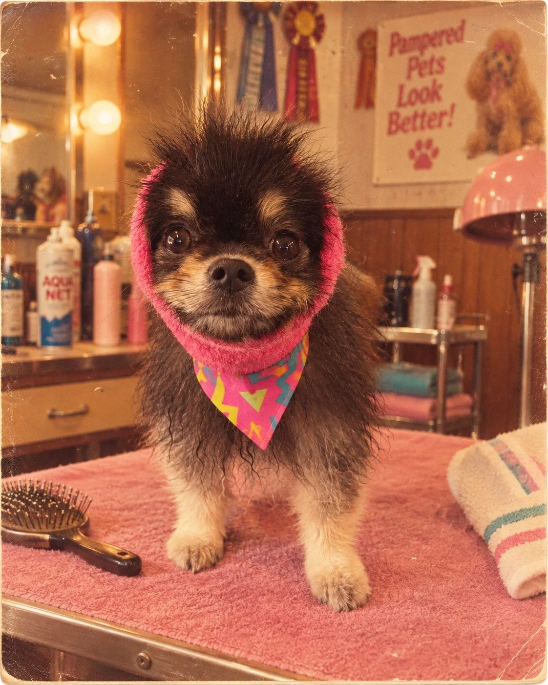 POV: Your mom said you&rsquo;re getting Glamour Shots after this. 📸🐶

Hopping on the &rsquo;80s trend with reimagined versions of the original photos shared by the amazing @brianasluckydogsalon 🎀✨