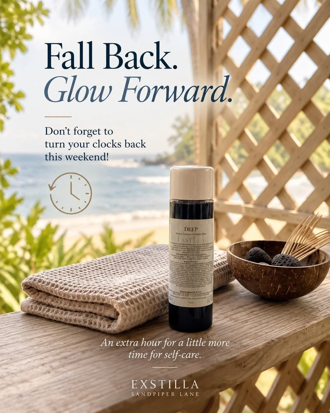Fall back. Glow forward. ✨🍂

The clocks may be turning back, but your glow doesn't have to!

A little extra time for beauty sleep, a little extra love for your skin, and a cozy start to November. 🤍

Don't forget to turn your clocks back this weeken