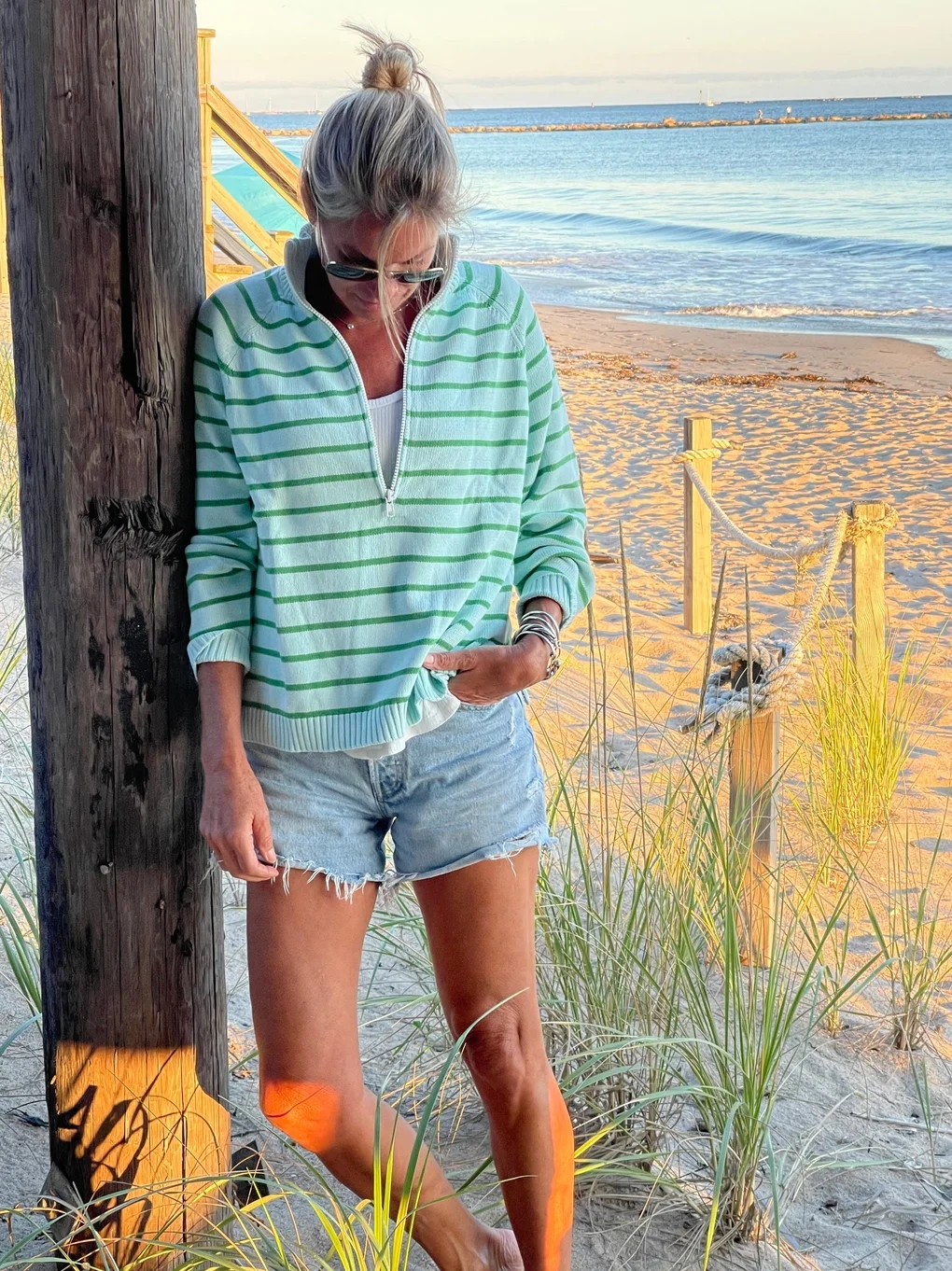 Half-Zip Cotton Striped Sweater