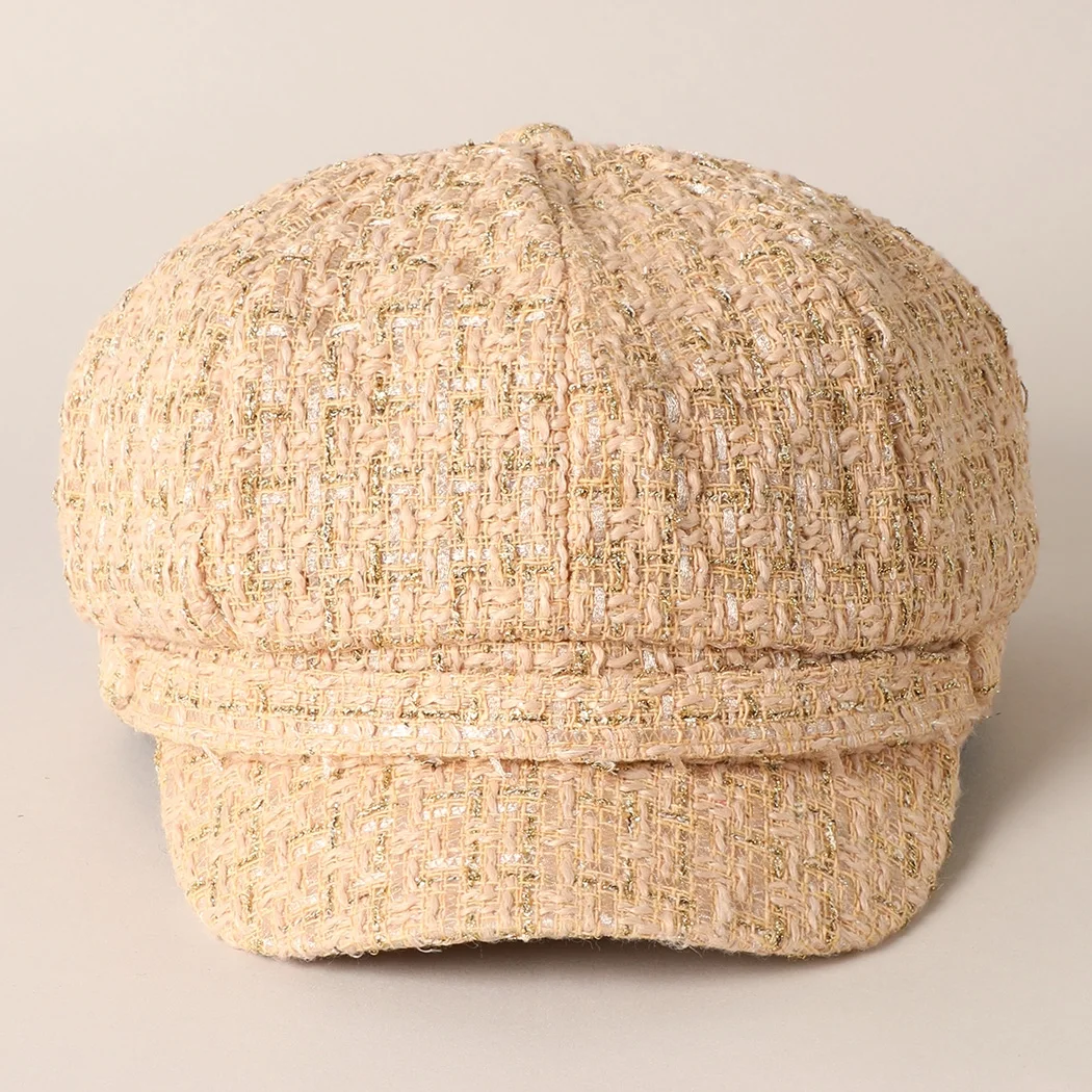front beige Tweed Newsboy Cap.webp