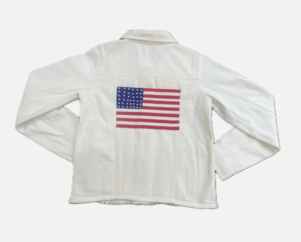 Beaded USA Flag White Denim Jacket