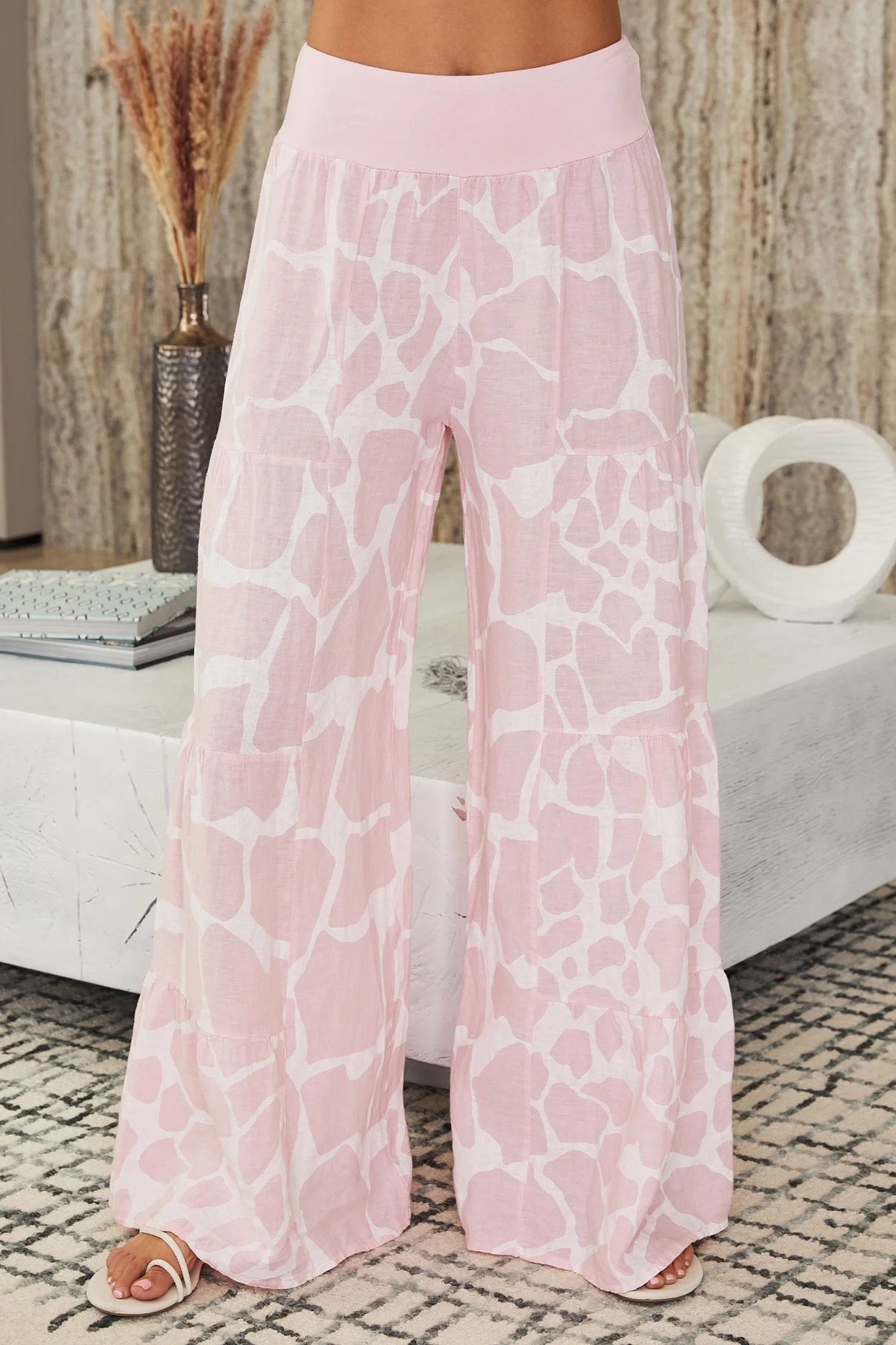 front Linen Pebble Print Tiered Palazzo Pant(2-36-PEBBLE-PINK).webp